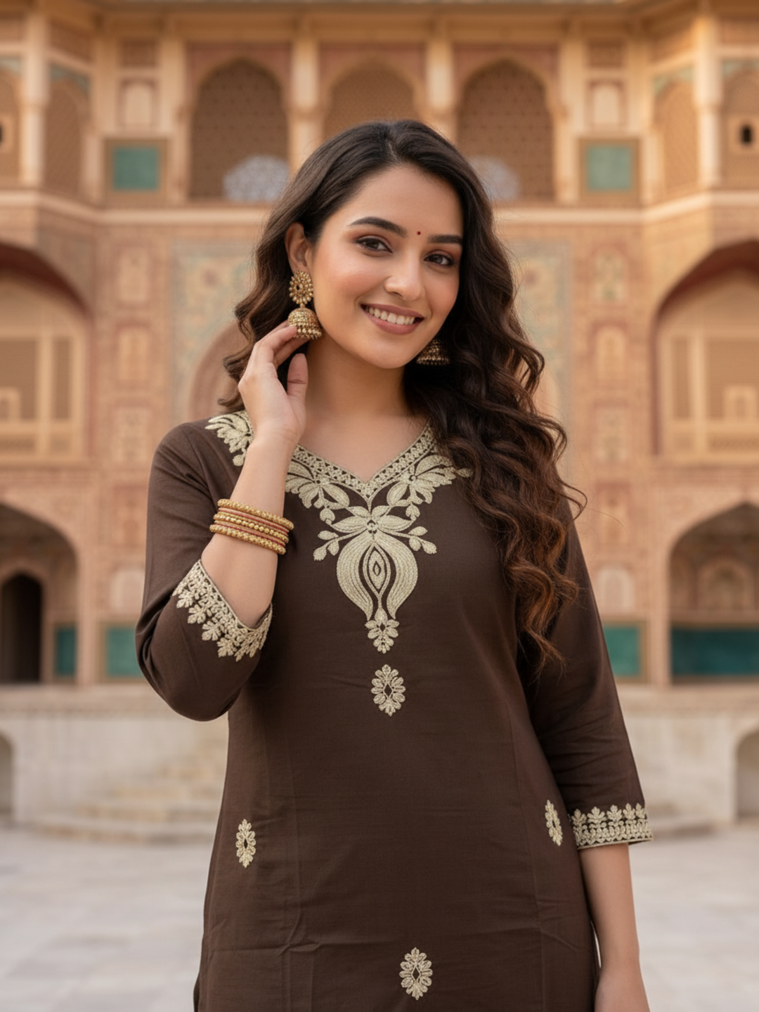 Coffee Brown Solid Cotton Straight Kurta Set with Floral Dori Embroidery, Pant & Dupatta