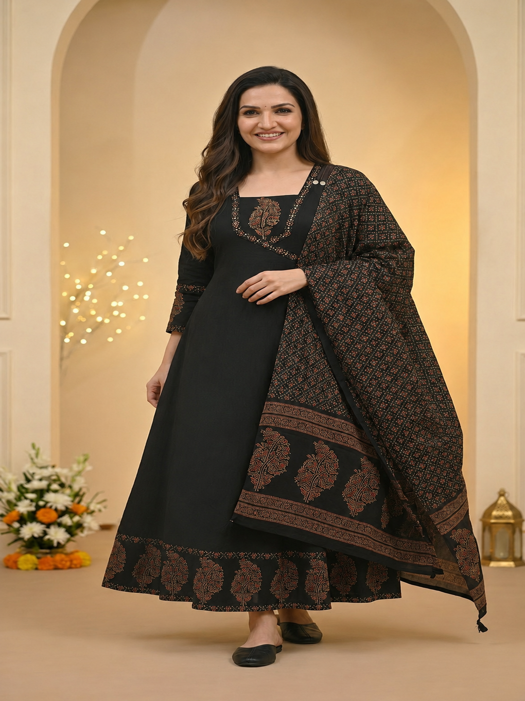 Black Floral Block Print Cotton Anarkali Kurta Set with Beadwork, Square Neck, Palazzo & Dupatta