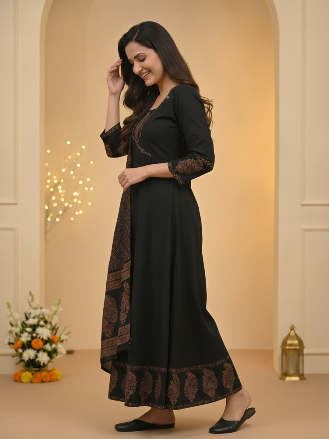Black Floral Block Print Cotton Anarkali Kurta Set with Beadwork, Square Neck, Palazzo & Dupatta