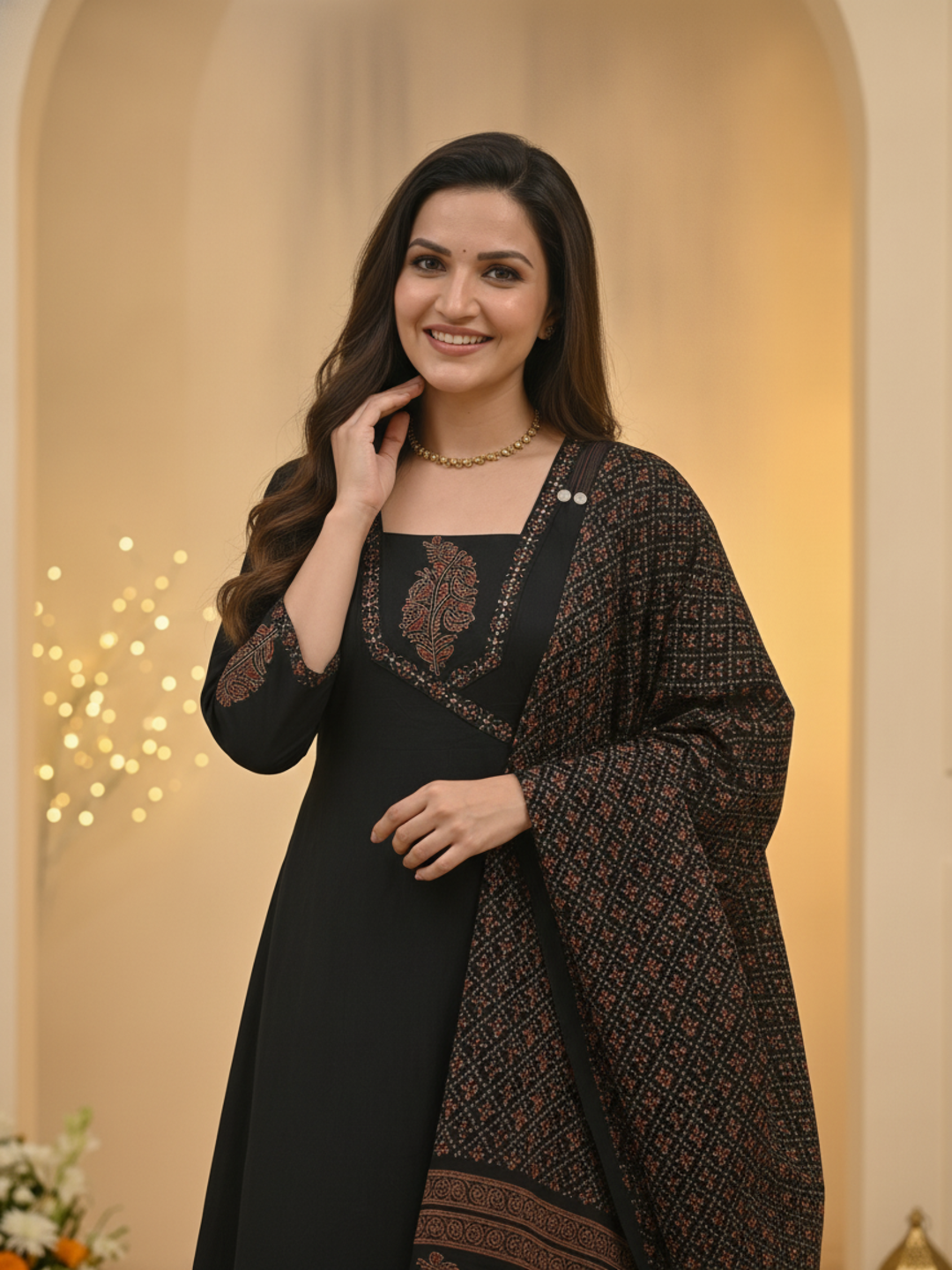 Black Floral Block Print Cotton Anarkali Kurta Set with Beadwork, Square Neck, Palazzo & Dupatta