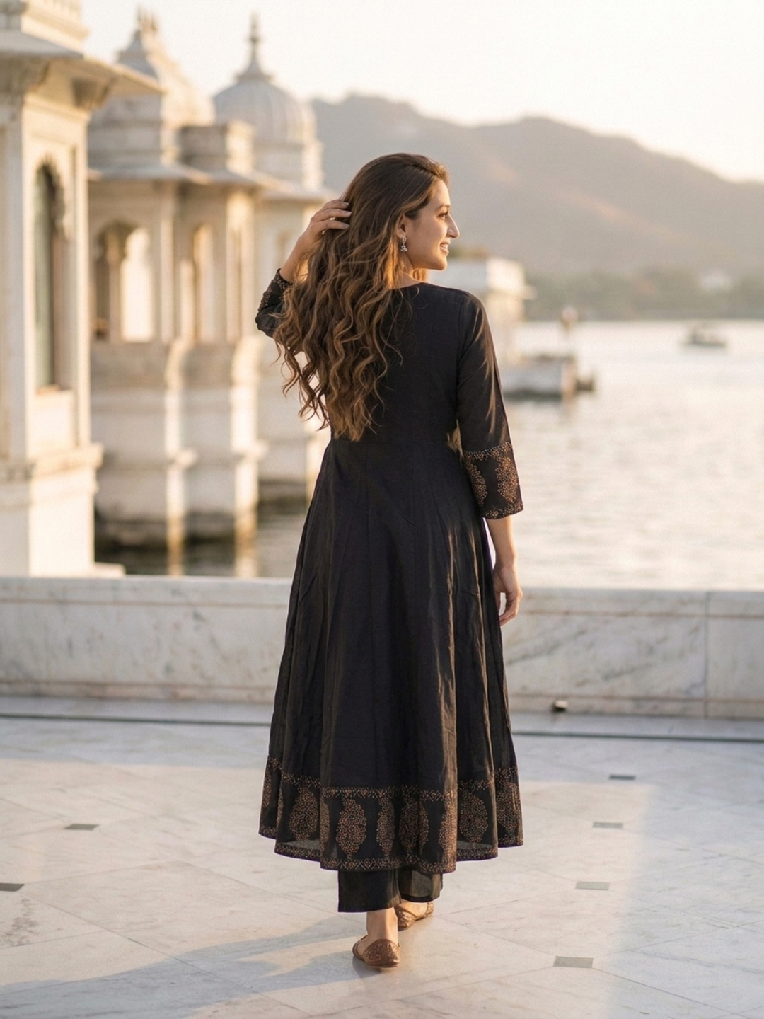 Black Floral Block Print Cotton Anarkali Kurta Set with Beadwork, Square Neck, Palazzo & Dupatta