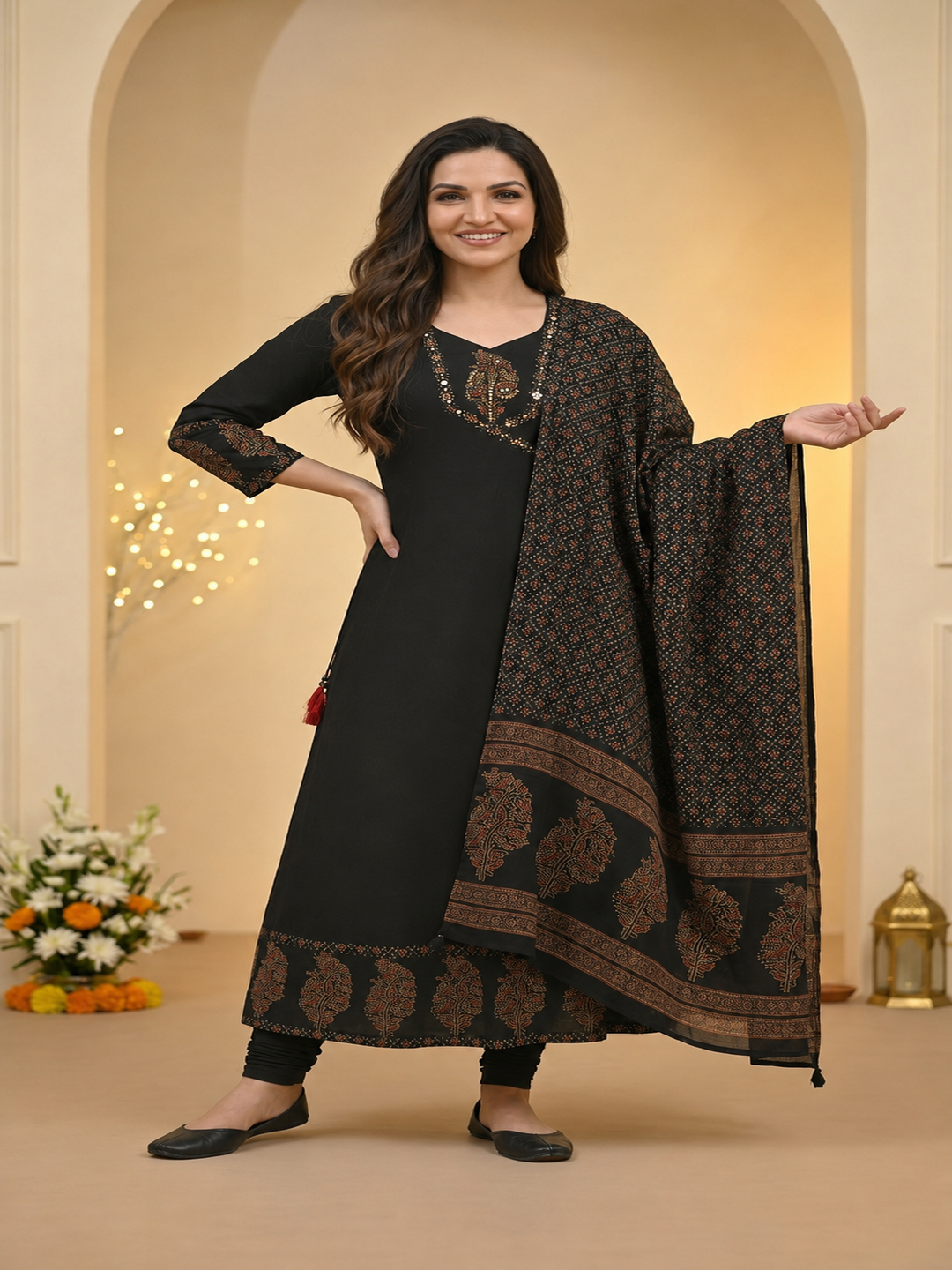 Black Floral Block Print Cotton Anarkali Kurta Set with Beadwork, Square Neck, Palazzo & Dupatta