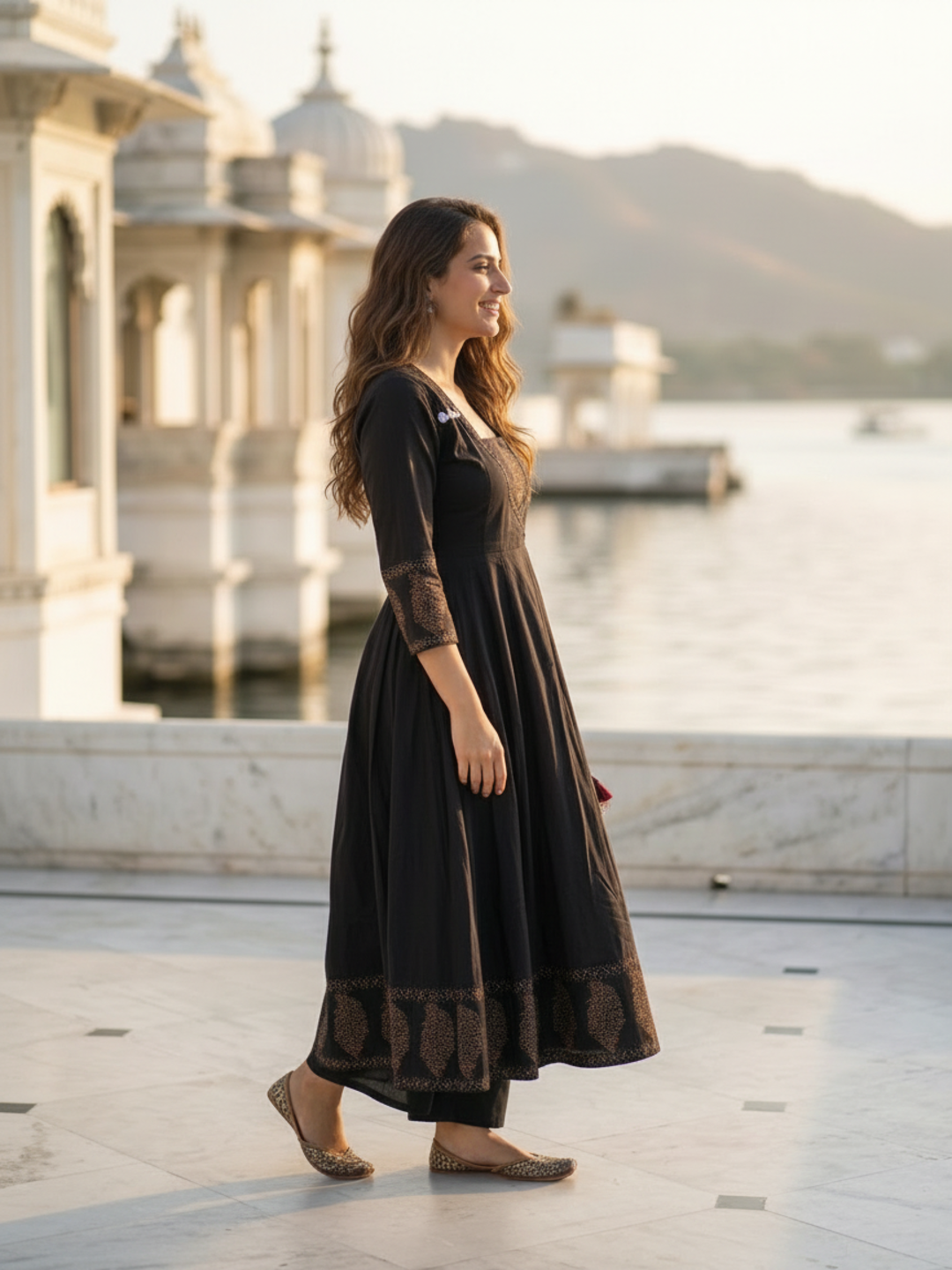 Black Floral Block Print Cotton Anarkali Kurta Set with Beadwork, Square Neck, Palazzo & Dupatta