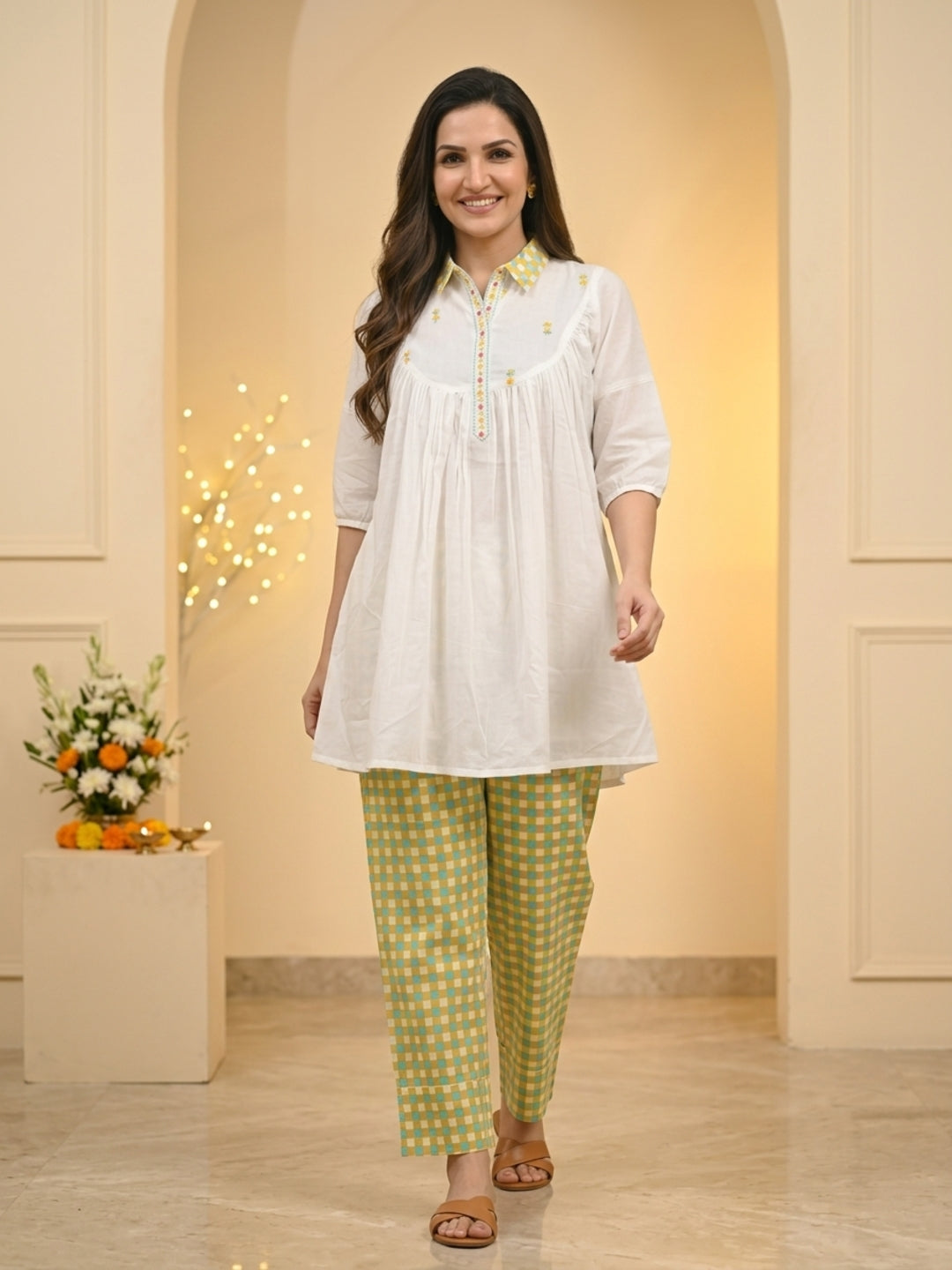 Off White Ethnic Floral Print Cotton Pleated A-Line Kurta Set with Shirt Collar, Puff Sleeves & Checks Salwar
