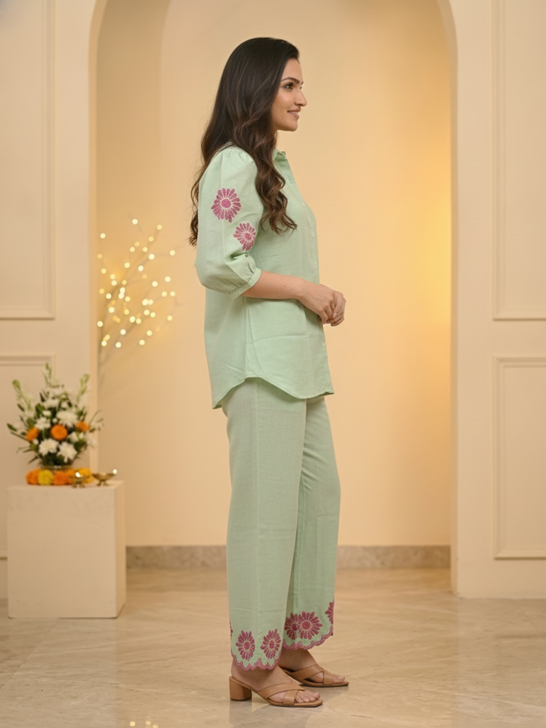 Sage Green Solid Cotton Straight Kurta Co-ord Set with Floral Embroidery, Shirt Collar & Scalloped Palazzo
