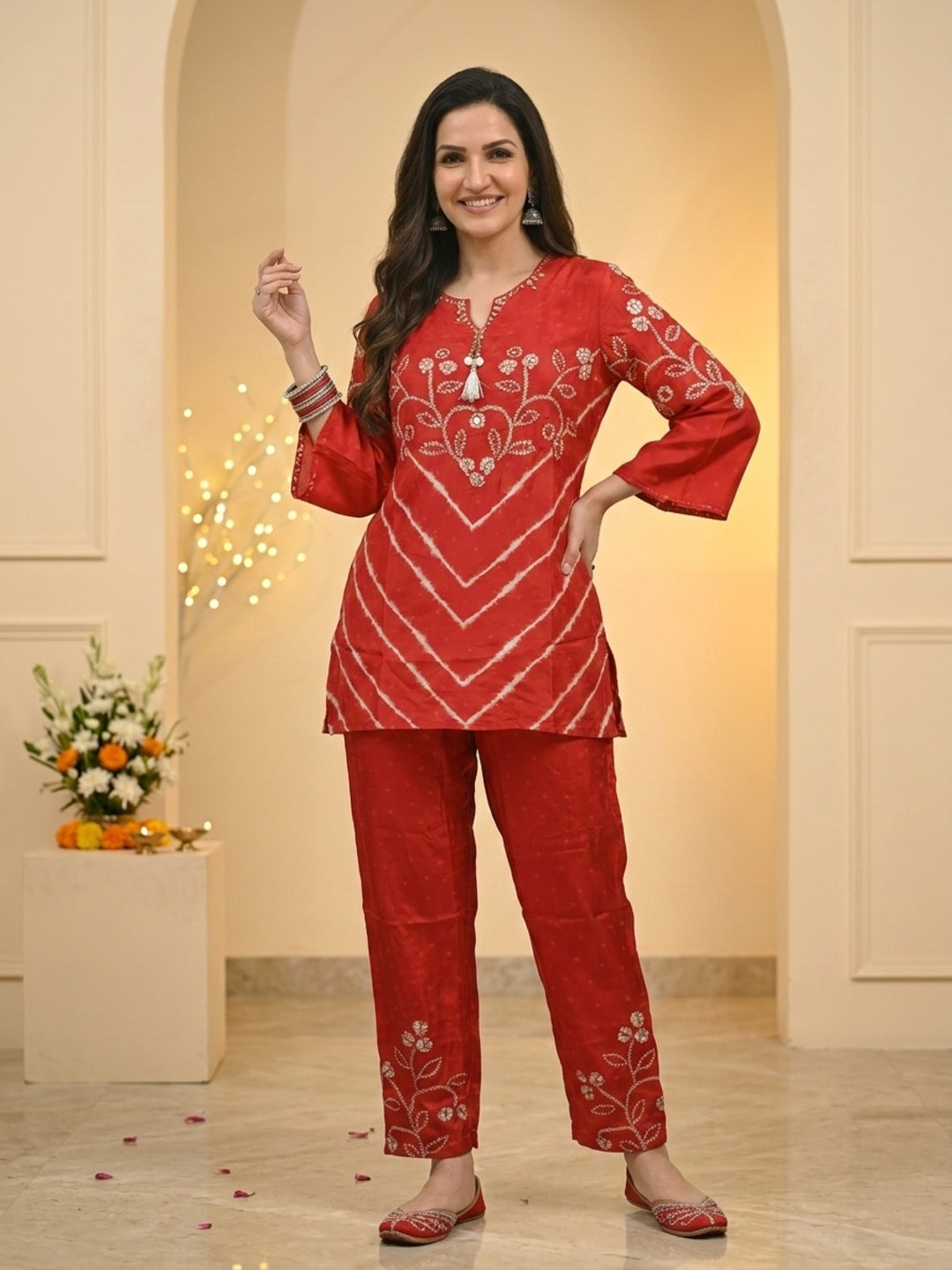Red Ethnic Print Crepe Straight Kurta Co-ord Set with Mirror Work Embroidery & Pant