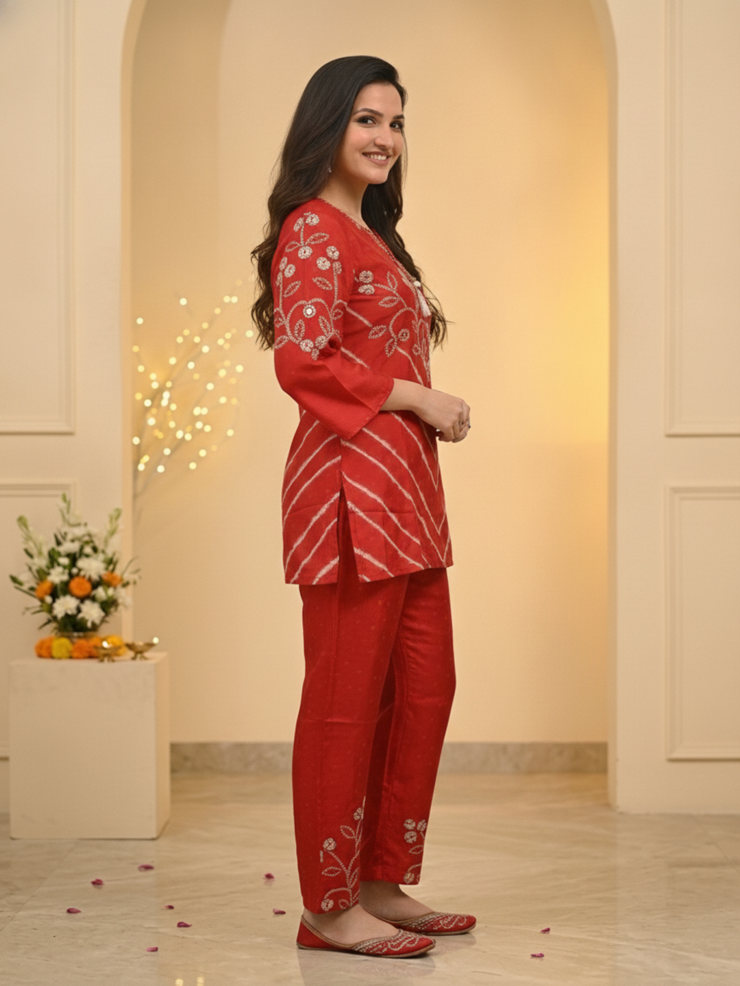 Red Ethnic Print Crepe Straight Kurta Co-ord Set with Mirror Work Embroidery & Pant