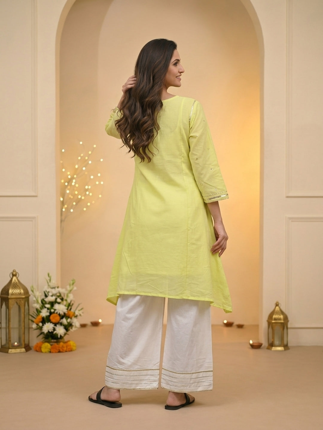 Lime Green Solid Cotton Mulmul A-Line Kurta Set with Gota & Mirror Work and White Salwar