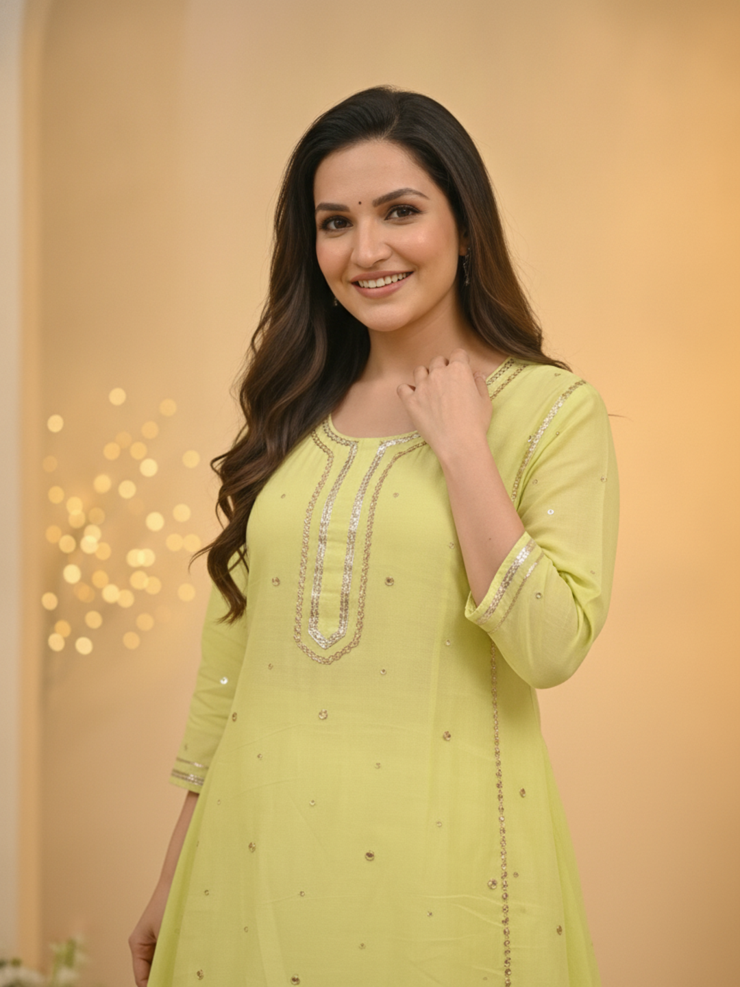 Lime Green Solid Cotton Mulmul A-Line Kurta Set with Gota & Mirror Work and White Salwar