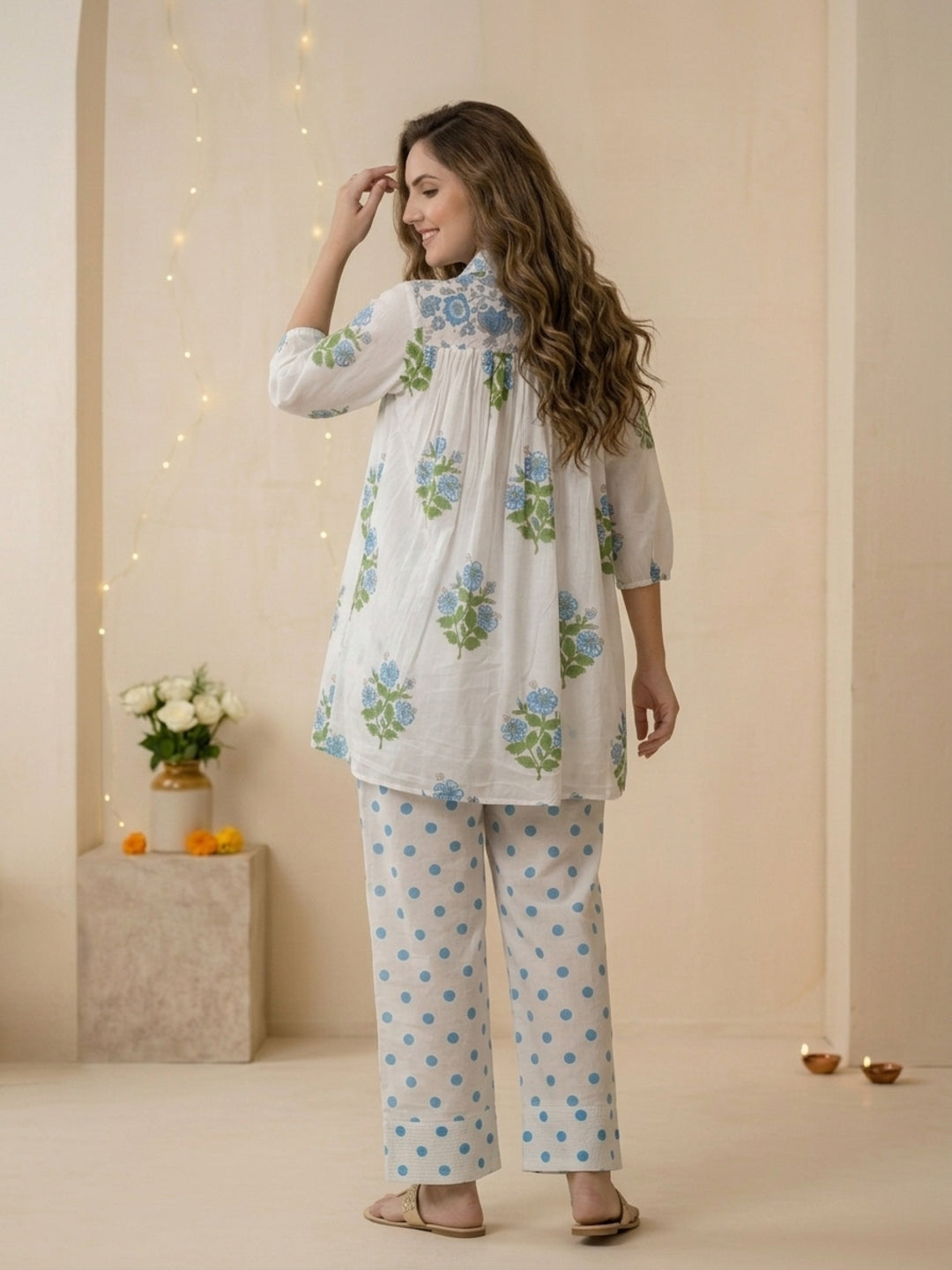 Blue Ethnic Floral Print Cotton Pleated A-Line Kurta Set with Shirt Collar, Puff Sleeves & Polka Dot Salwar