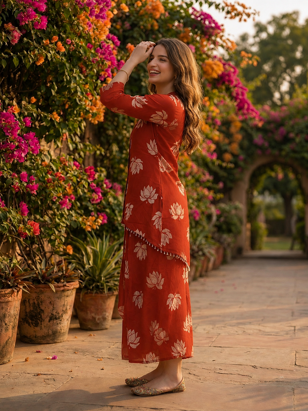 Red Lotus Print Cotton Layered Cowled Maxi Dress with Coin Lace & V-Neck