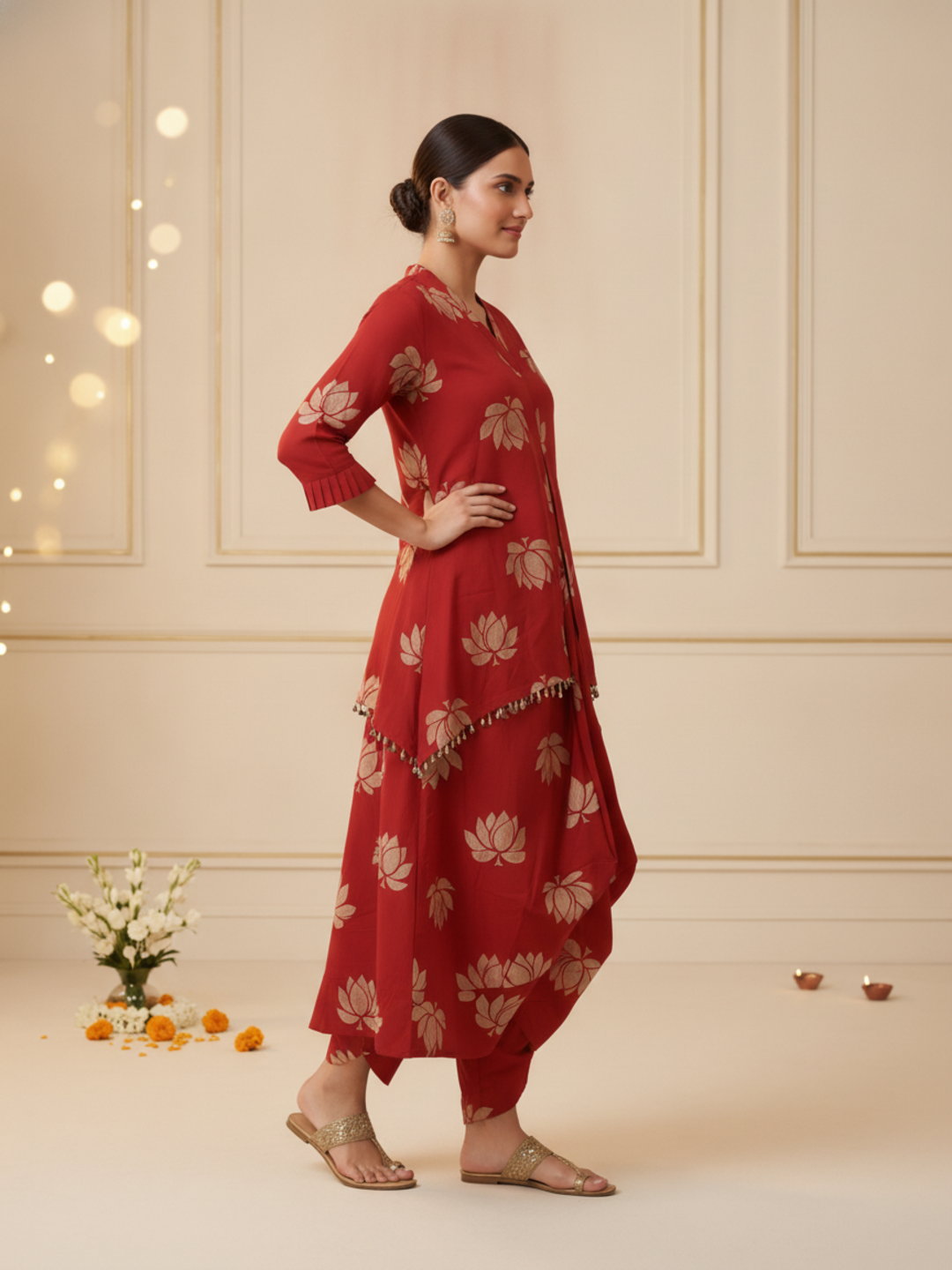 Red Lotus Print Cotton Layered Cowled Maxi Dress with Coin Lace & V-Neck