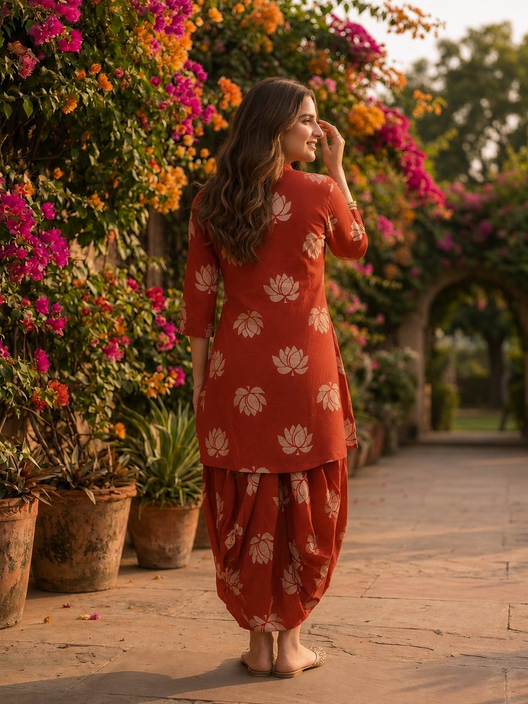 Red Lotus Print Cotton Layered Cowled Maxi Dress with Coin Lace & V-Neck