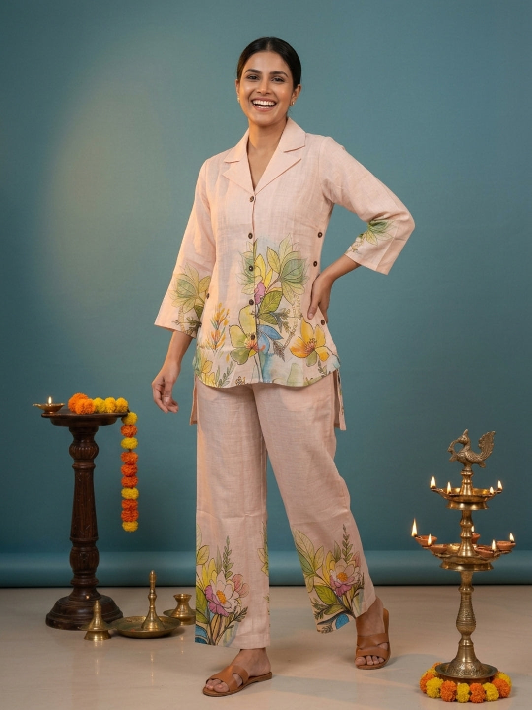 Beige Abstract Floral Print Cotton Slub High-Low A-Line Kurta Co-ord Set with Shirt Collar & Palazzo