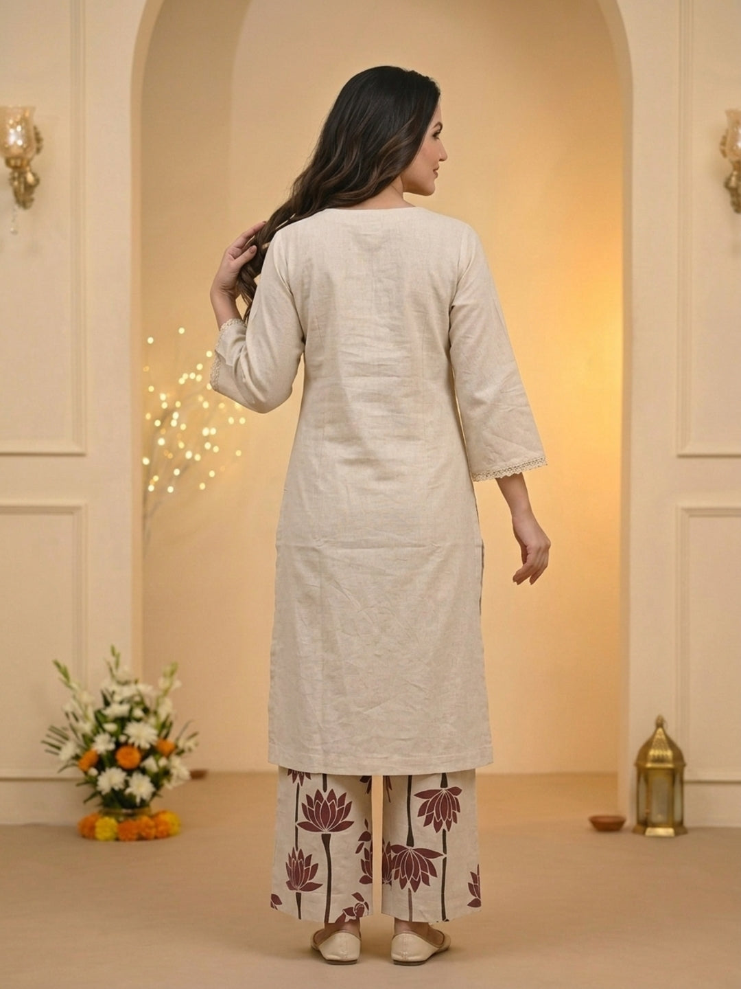 Off White Solid Cotton A-Line Kurta Set with Floral Thread Embroidery & Printed Palazzo