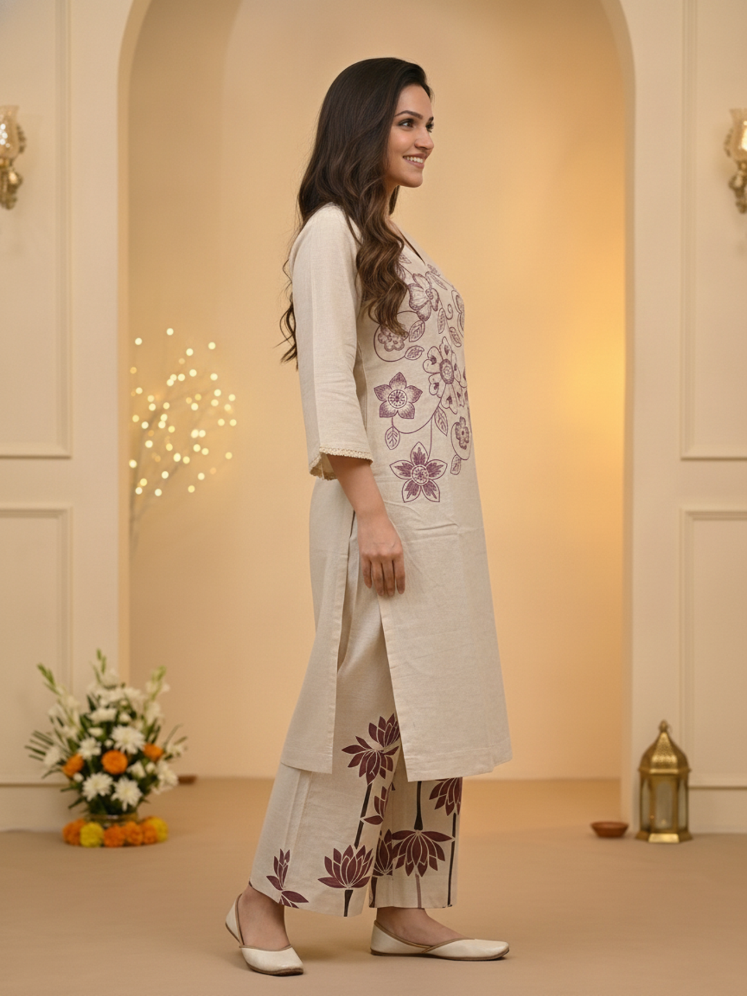 Off White Solid Cotton A-Line Kurta Set with Floral Thread Embroidery & Printed Palazzo