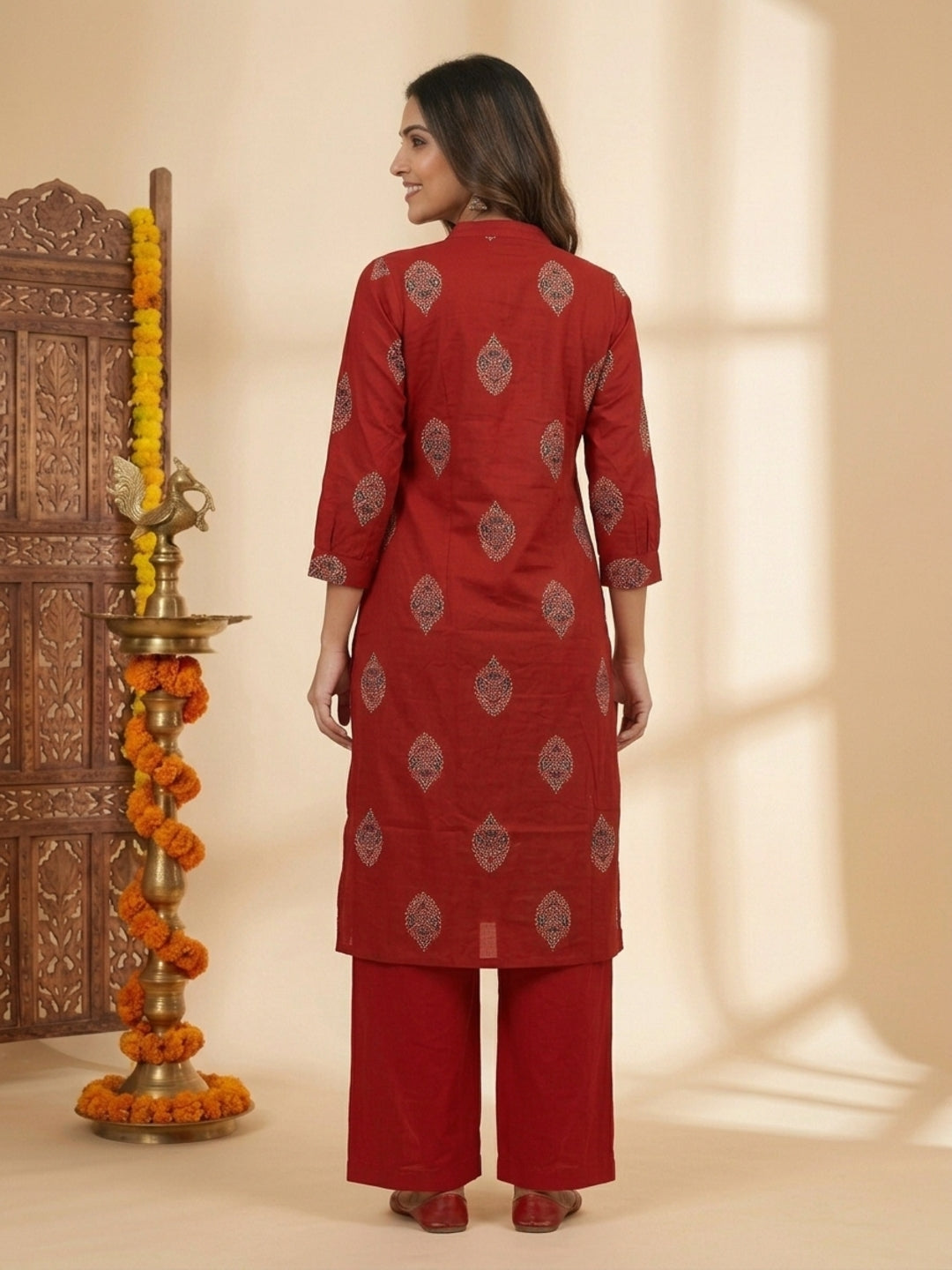 Red Ethnic Floral Print Cotton A-Line Kurta Set with Shirt Collar & Solid Palazzo