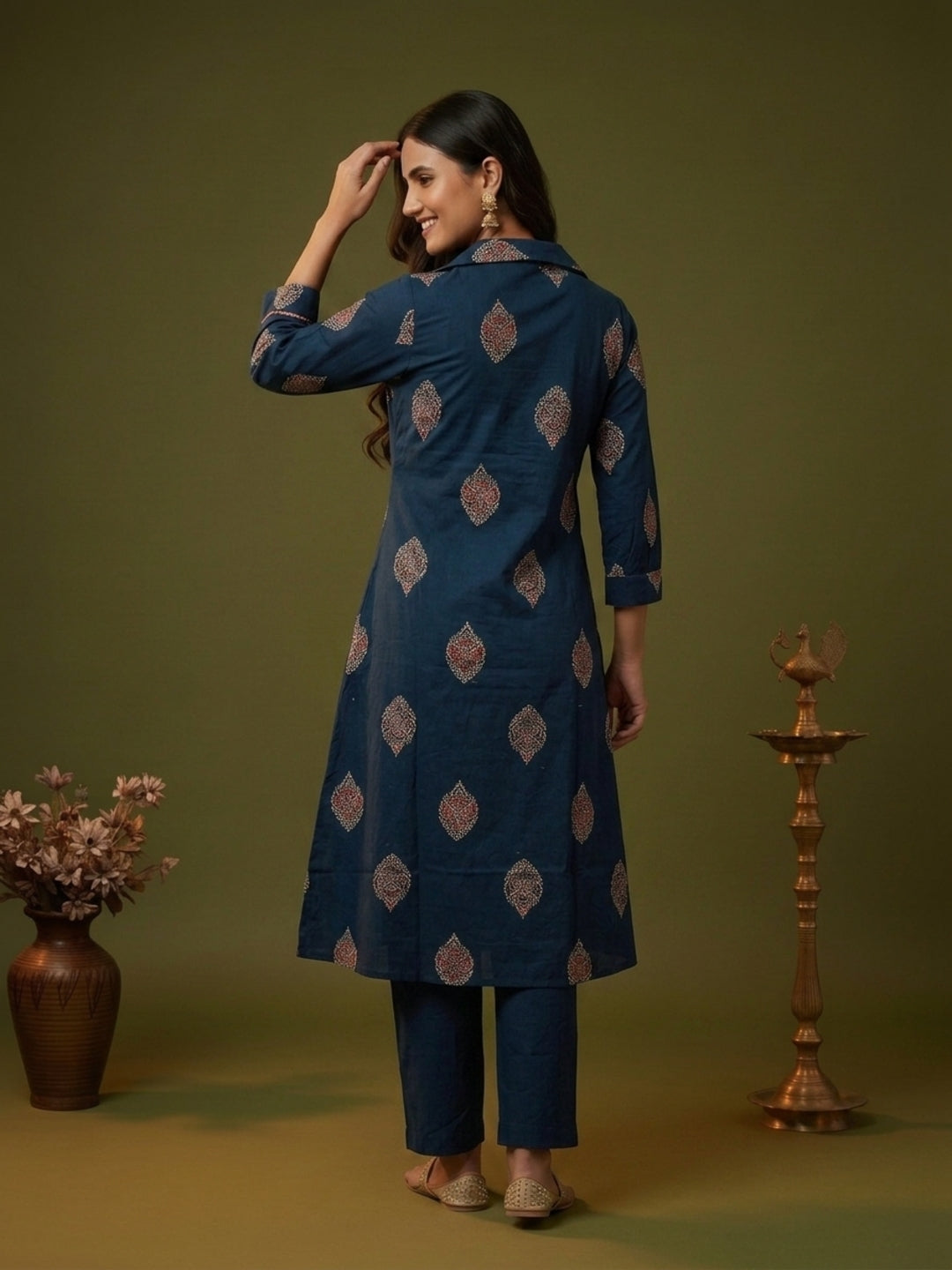 Blue Ethnic Floral Print Cotton A-Line Kurta Set with Shirt Collar & Solid Palazzo