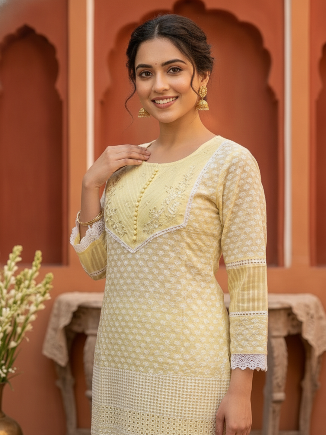 Yellow Solid Cotton Straight Kurta Set with Chikankari Embroidery, Palazzo & Organza Dupatta