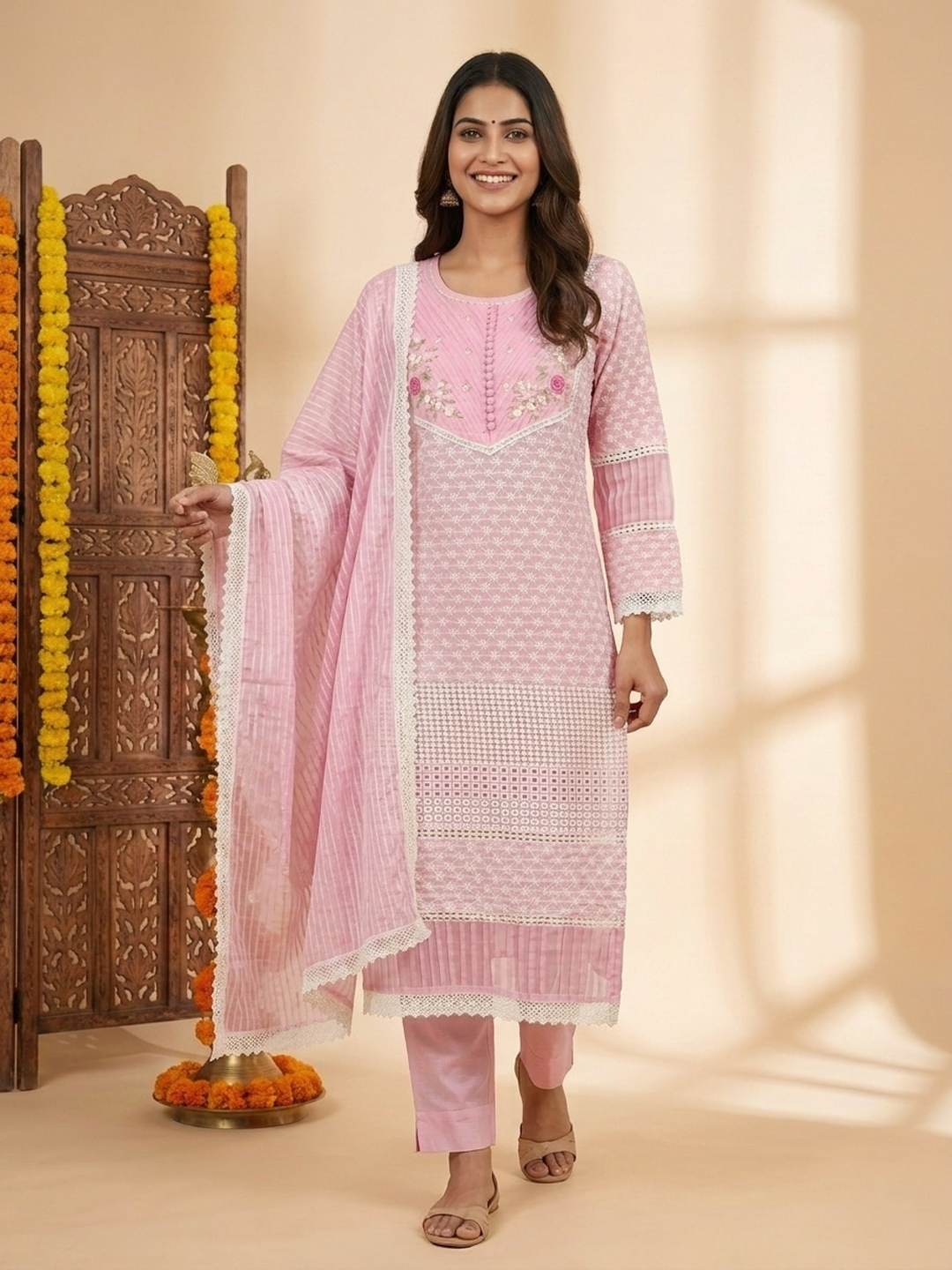 Pink Solid Cotton Straight Kurta Set with Chikankari Embroidery, Pant & Organza Dupatta