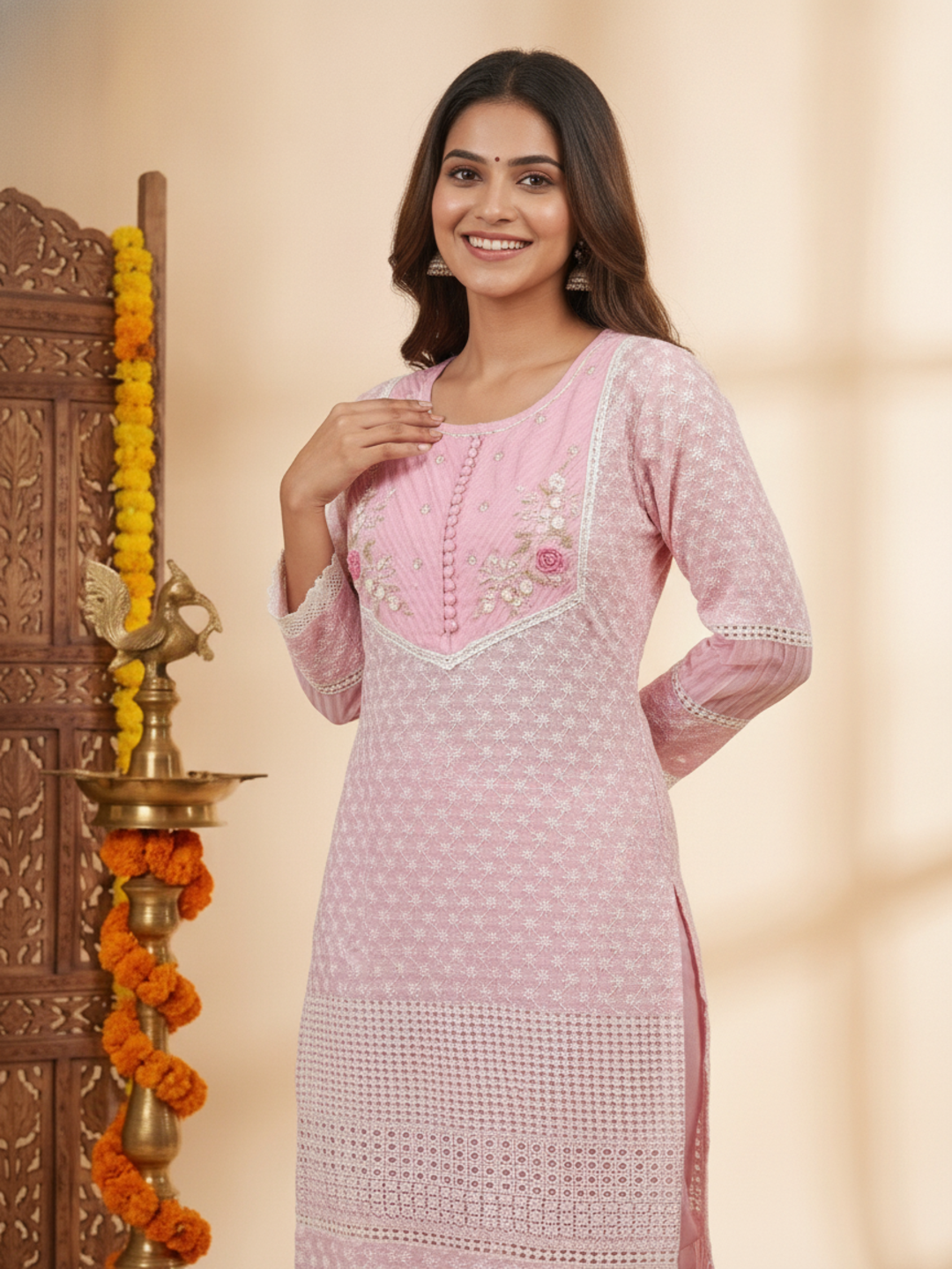Pink Solid Cotton Straight Kurta Set with Chikankari Embroidery, Pant & Organza Dupatta