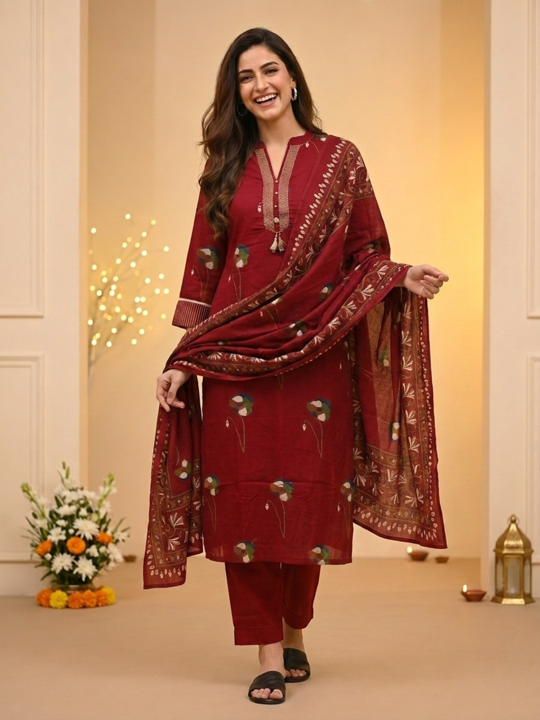 Maroon Floral Print Cotton Straight Kurta Set with Mandarin Collar, Palazzo & Dupatta