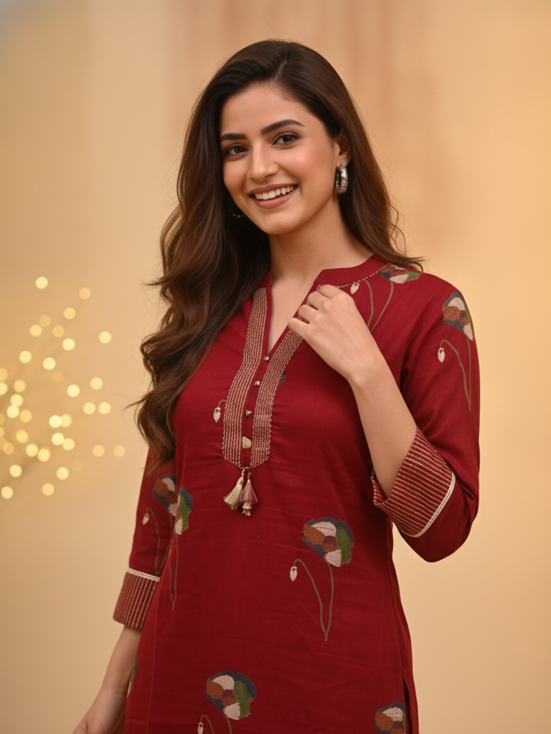Maroon Floral Print Cotton Straight Kurta Set with Mandarin Collar, Palazzo & Dupatta