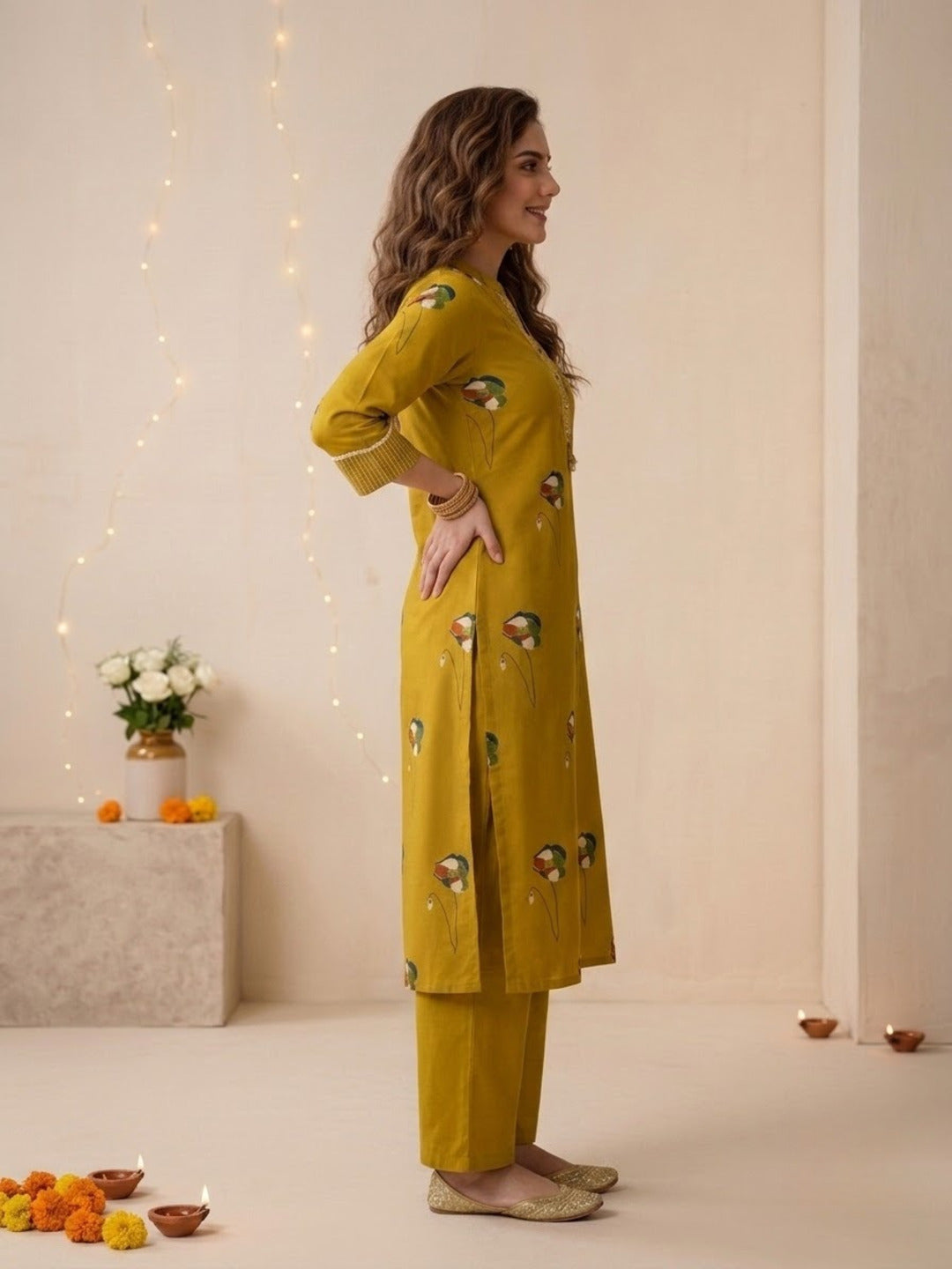 Mustard Yellow Floral Print Cotton Straight Kurta Set with Mandarin Collar, Palazzo & Dupatta