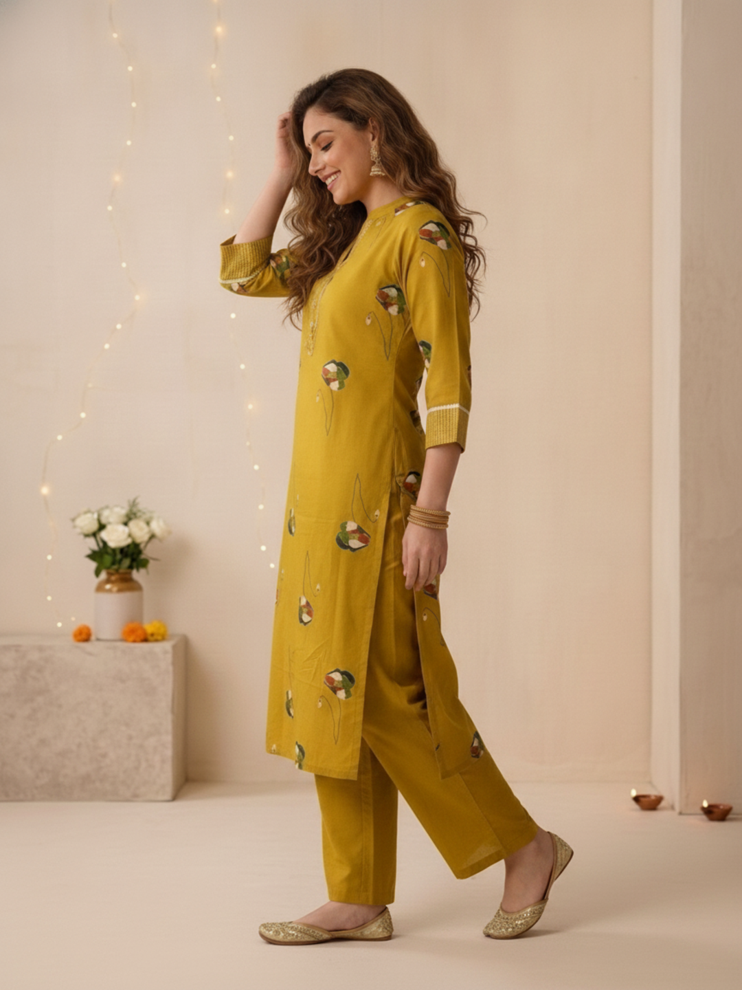 Mustard Yellow Floral Print Cotton Straight Kurta Set with Mandarin Collar, Palazzo & Dupatta