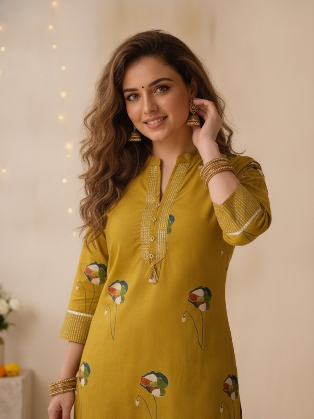 Mustard Yellow Floral Print Cotton Straight Kurta Set with Mandarin Collar, Palazzo & Dupatta