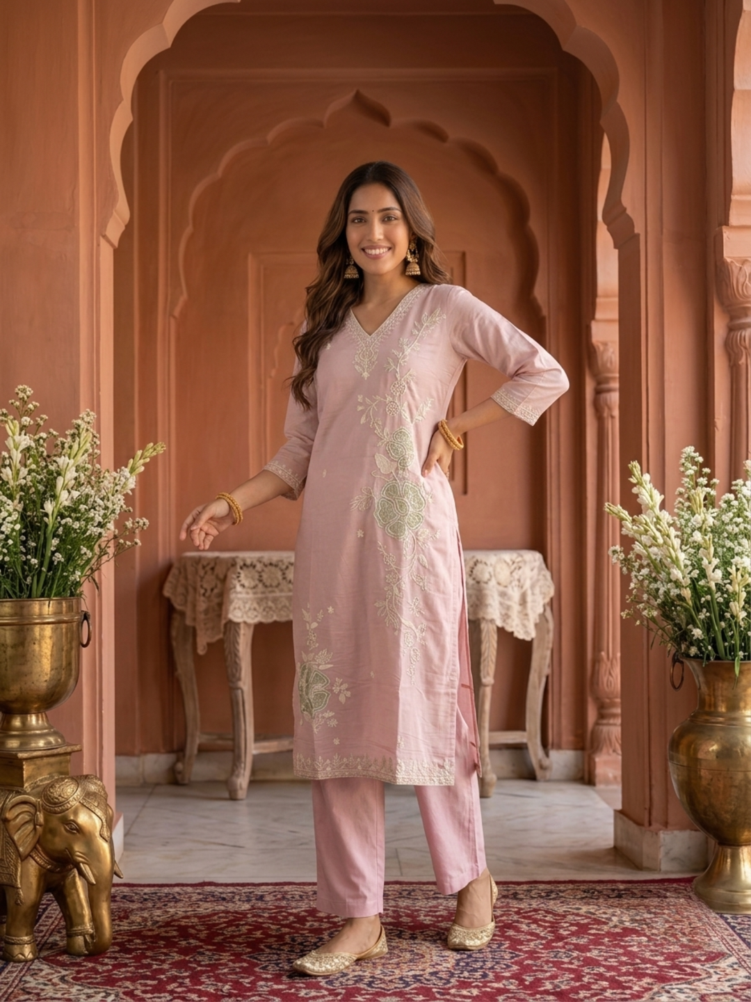 Blush Pink Solid Chanderi Silk Straight Kurta Set with Floral Zari Embroidery, Pant & Embroidered Chanderi Dupatta