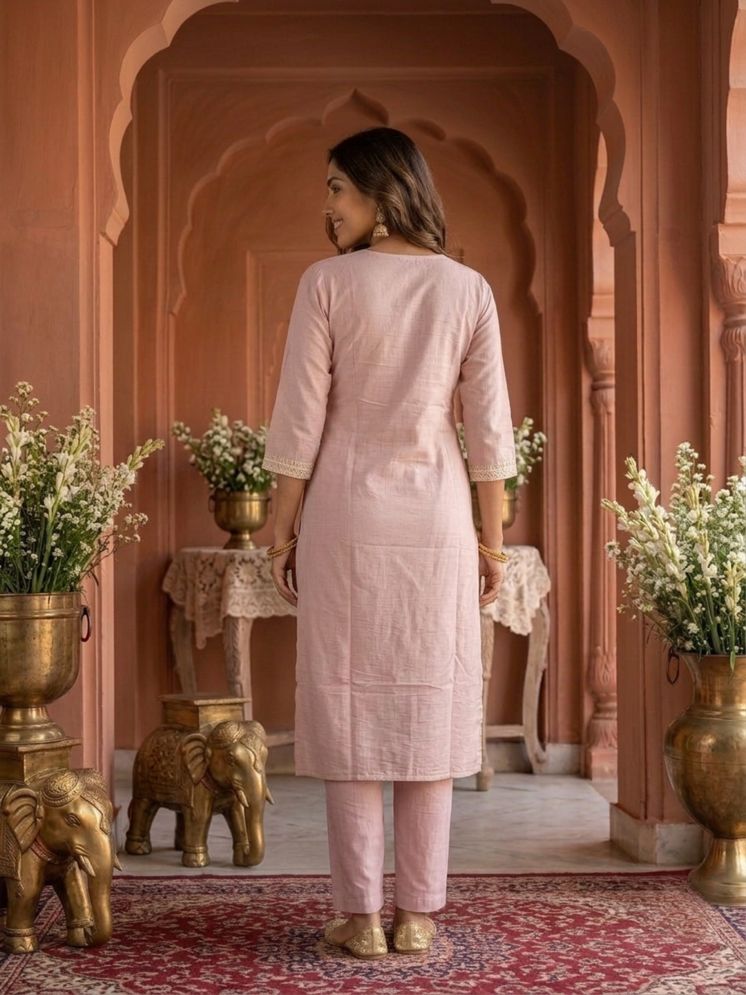 Blush Pink Solid Chanderi Silk Straight Kurta Set with Floral Zari Embroidery, Pant & Embroidered Chanderi Dupatta