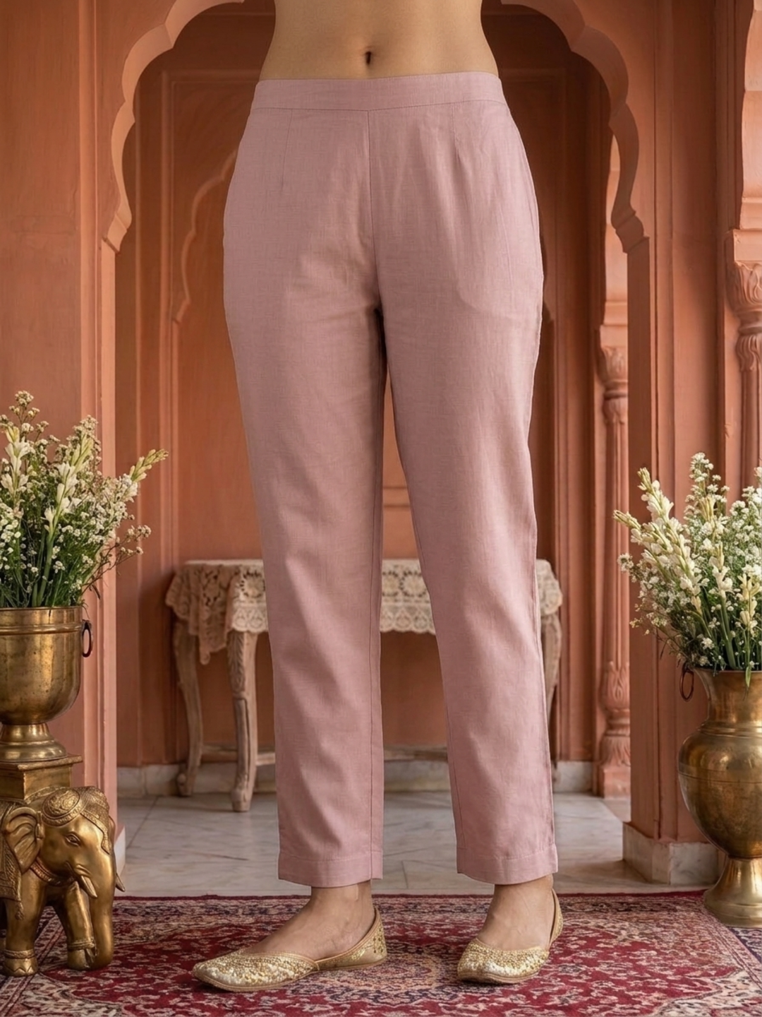 Blush Pink Solid Chanderi Silk Straight Kurta Set with Floral Zari Embroidery, Pant & Embroidered Chanderi Dupatta