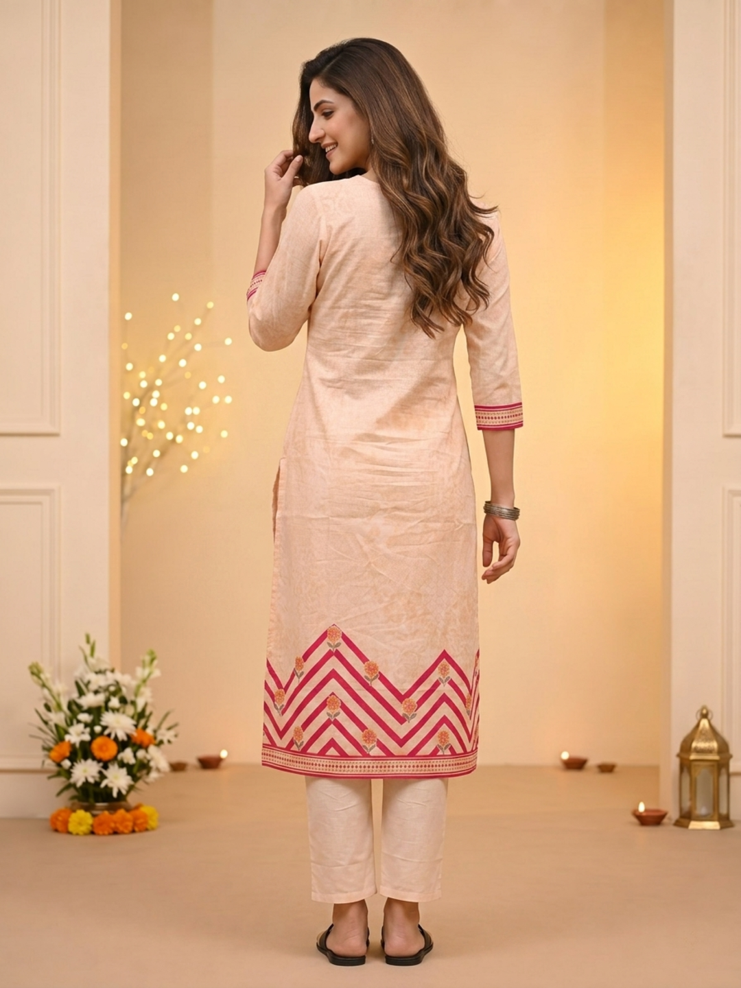 Peach Ethnic Floral Print Cotton Straight Kurta Set with Cutdana Embroidery, Pant & Printed Dupatta