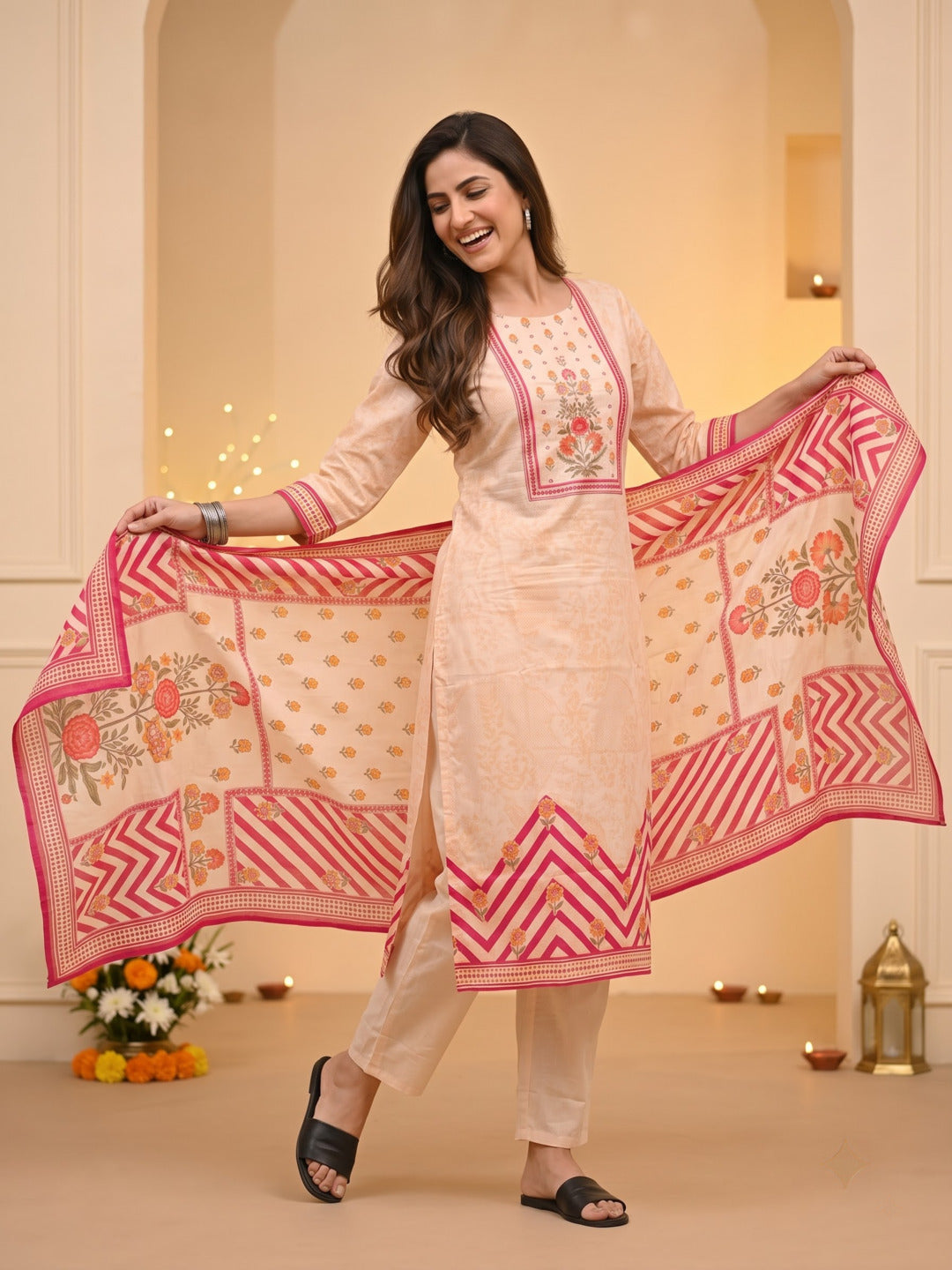 Peach Ethnic Floral Print Cotton Straight Kurta Set with Cutdana Embroidery, Pant & Printed Dupatta