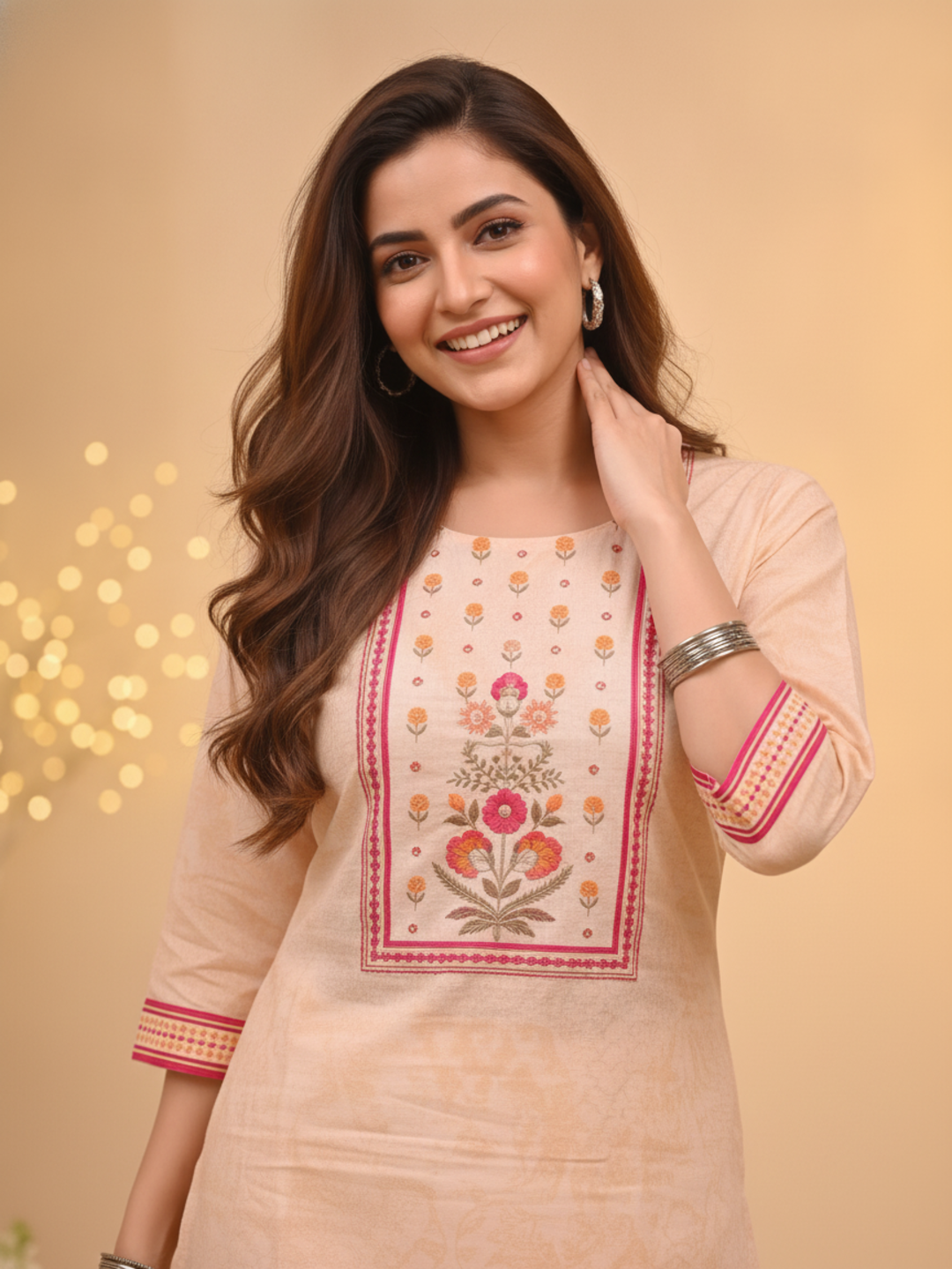 Peach Ethnic Floral Print Cotton Straight Kurta Set with Cutdana Embroidery, Pant & Printed Dupatta