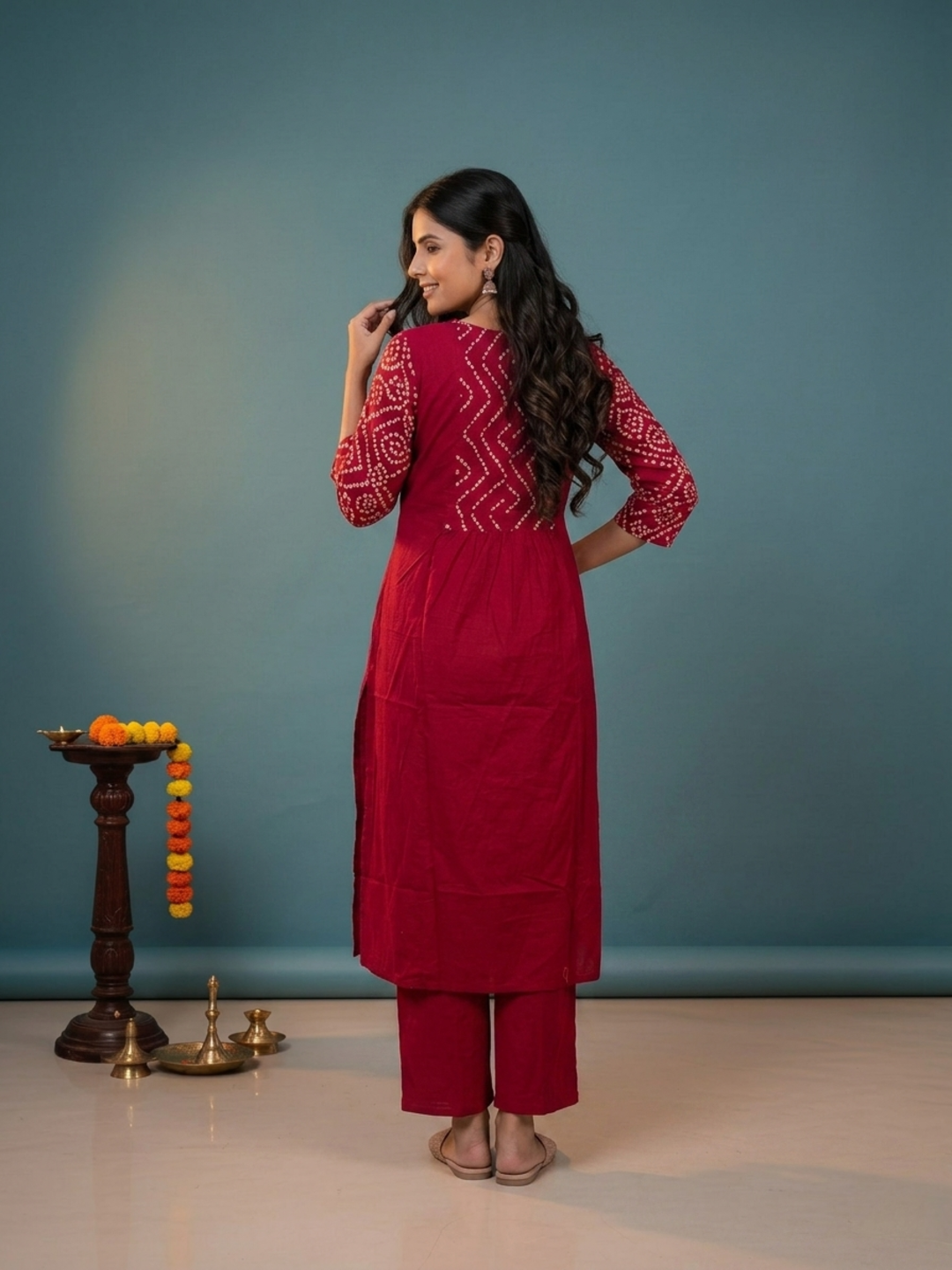 Magenta Bandhani Print Cotton A-Line Kurta Set with Mirror Work, Palazzo & Printed Dupatta