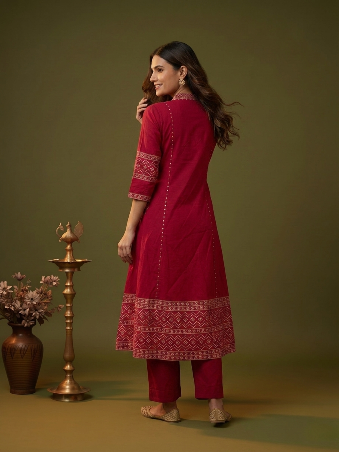 Red Ethnic Print Cotton A-Line Kurta Set with V-Neck, Solid Palazzo & Printed Dupatta