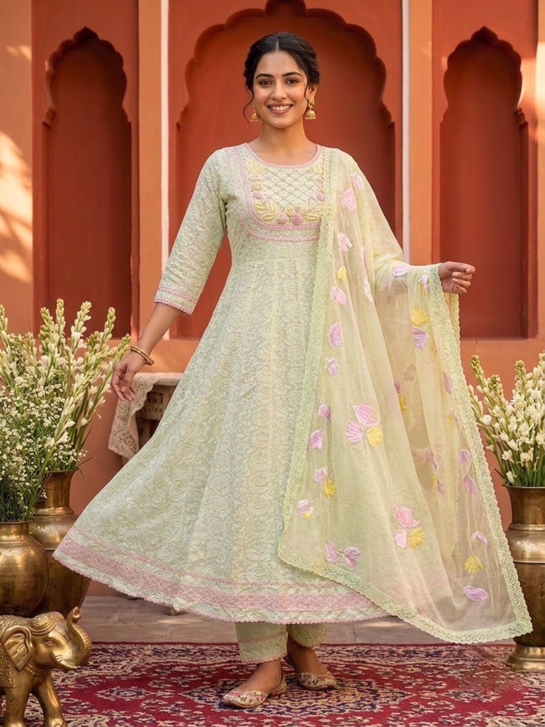 Pista Green Solid Cotton Chikankari Anarkali Kurta Set with Hand-Embroidered Yoke, Pant & Hand-Painted Chiffon Dupatta