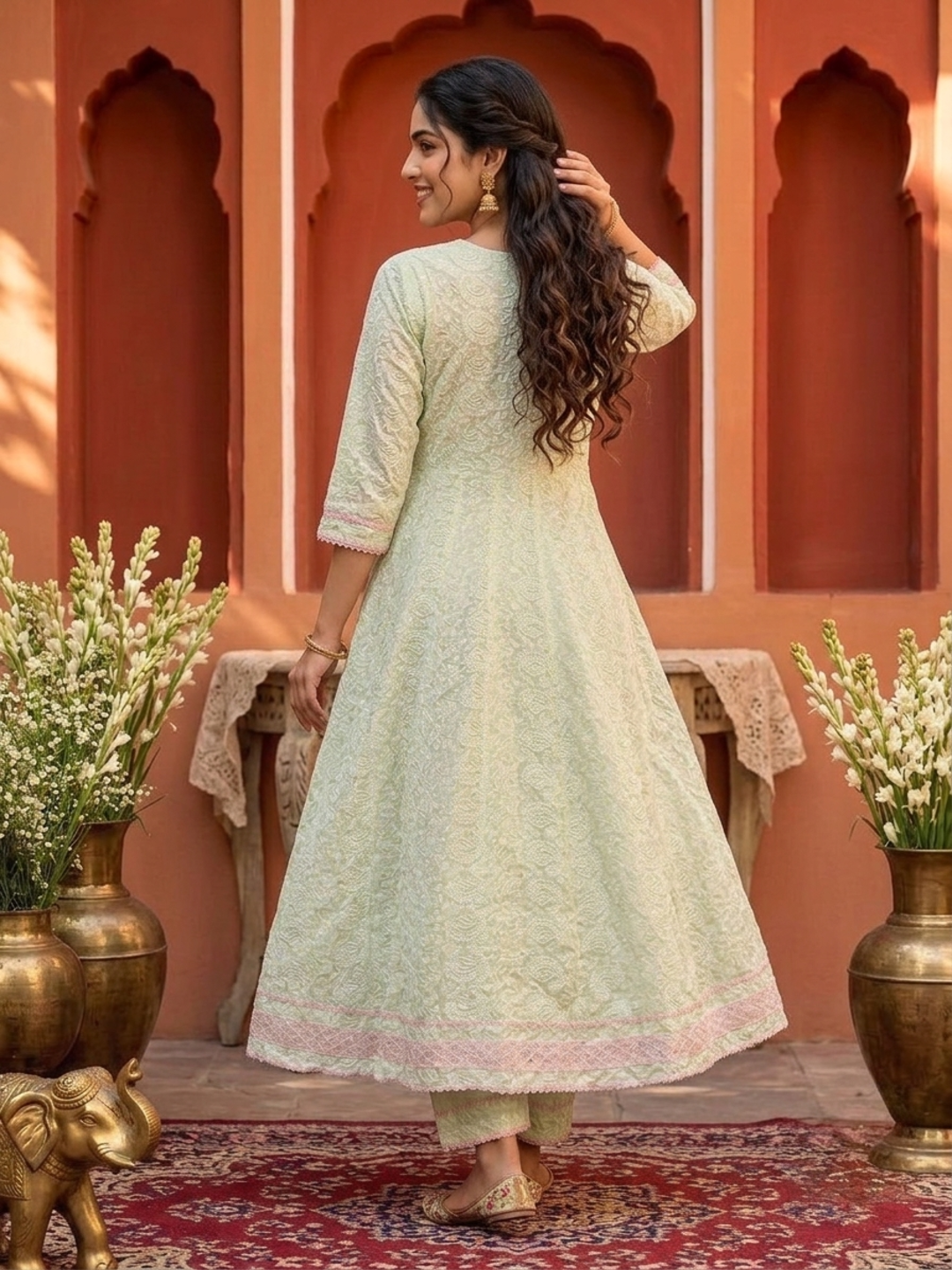 Pista Green Solid Cotton Chikankari Anarkali Kurta Set with Hand-Embroidered Yoke, Pant & Hand-Painted Chiffon Dupatta