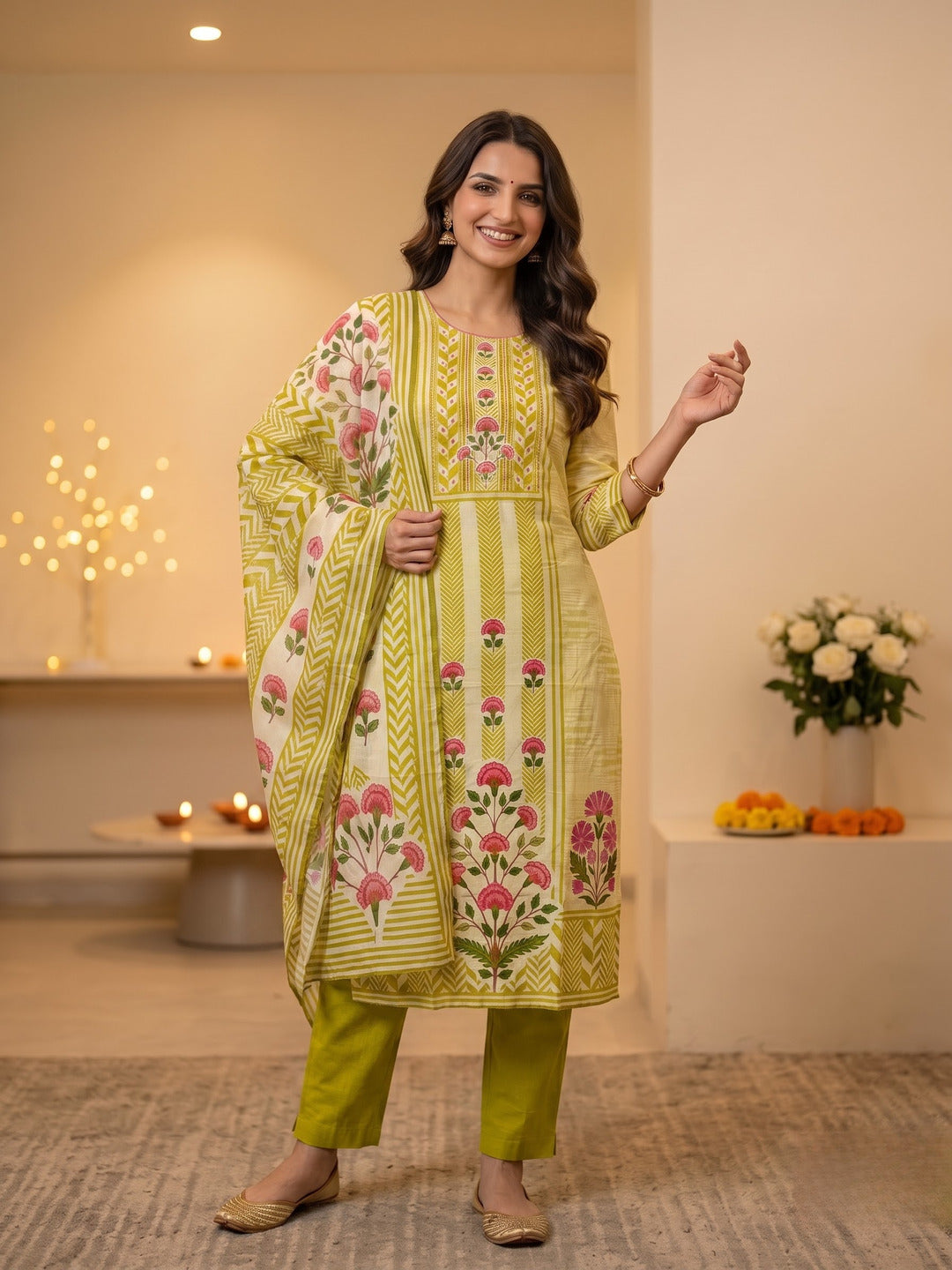 Green Ethnic Floral Print Cotton Straight Kurta Set with Cutdana Embroidery, Pant & Printed Dupatta