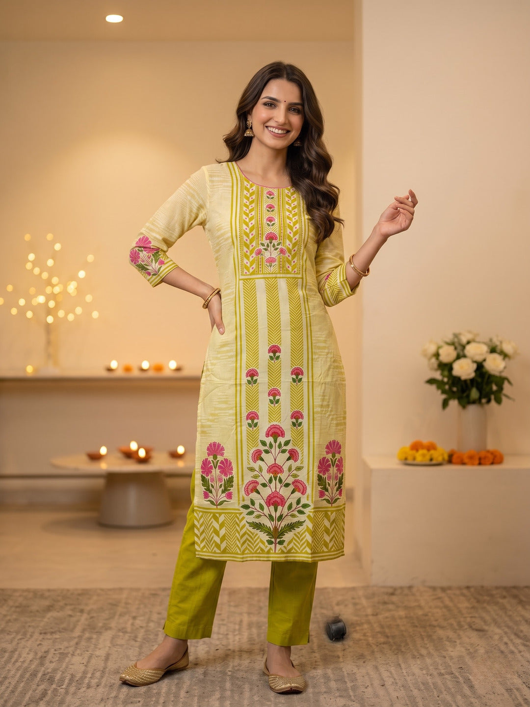 Green Ethnic Floral Print Cotton Straight Kurta Set with Cutdana Embroidery, Pant & Printed Dupatta