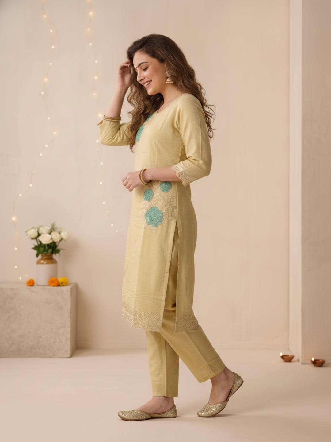 Pista Green Solid Chanderi Silk Straight Kurta Set with Floral Zari Embroidery, Pant & Embroidered Chanderi Dupatta