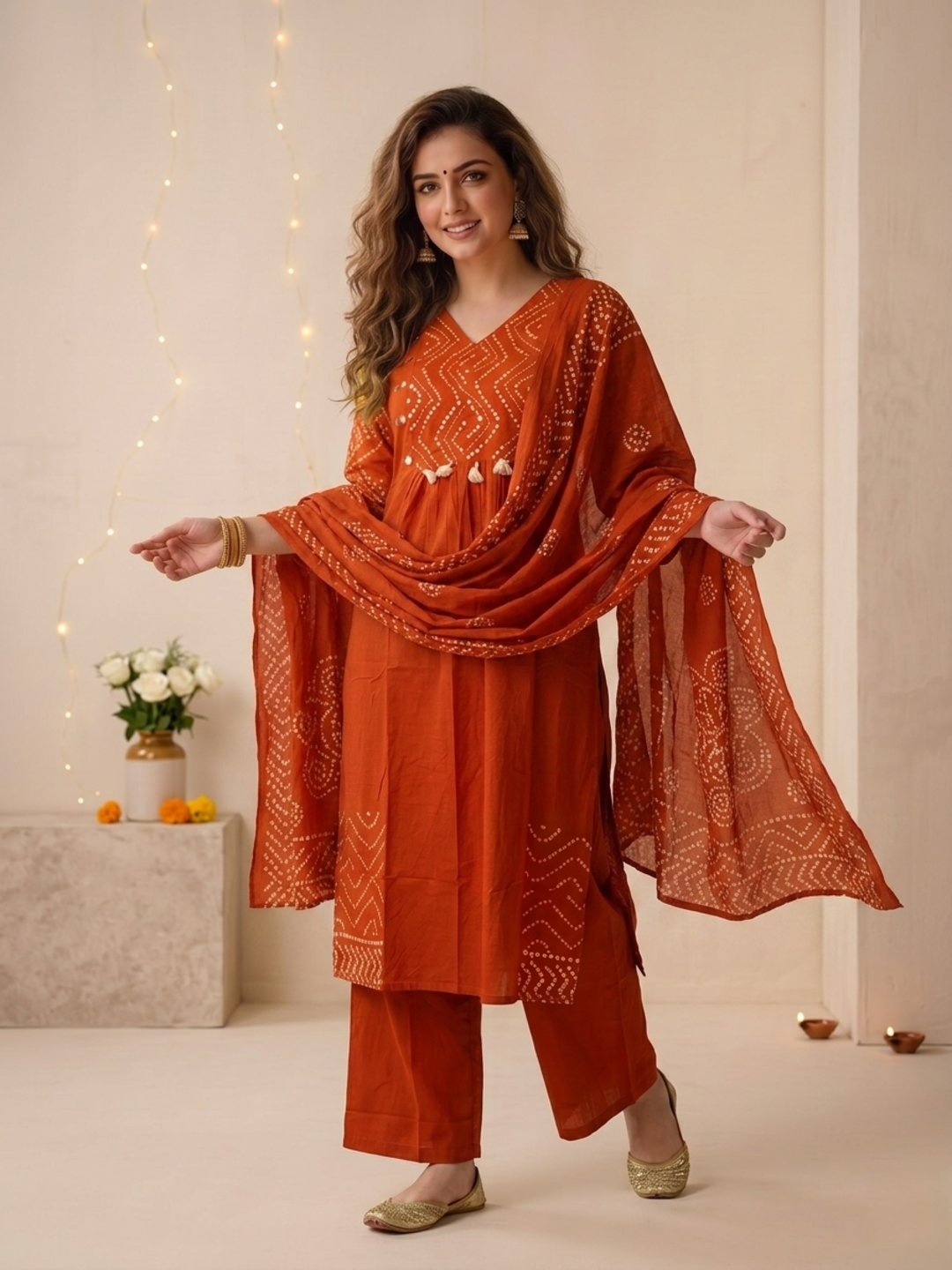 Rust Bandhani Print Cotton A-Line Kurta Set with Embroidery, Palazzo & Printed Dupatta