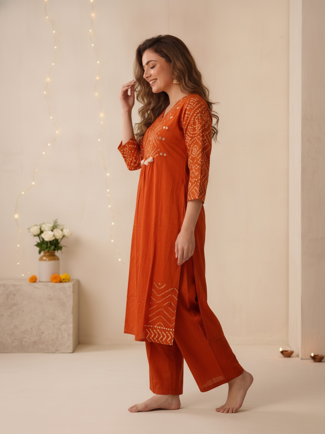Rust Bandhani Print Cotton A-Line Kurta Set with Embroidery, Palazzo & Printed Dupatta