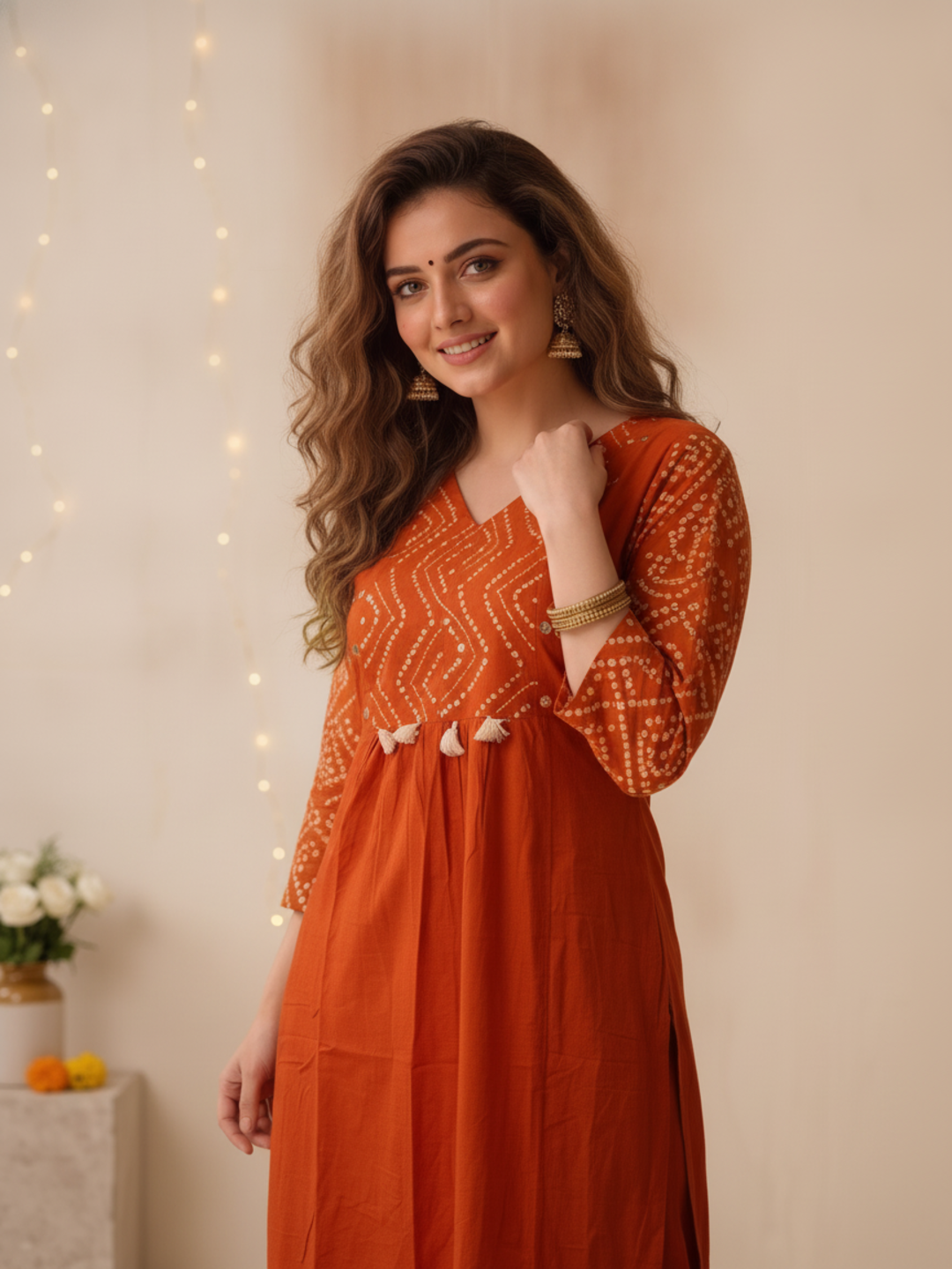 Rust Bandhani Print Cotton A-Line Kurta Set with Embroidery, Palazzo & Printed Dupatta