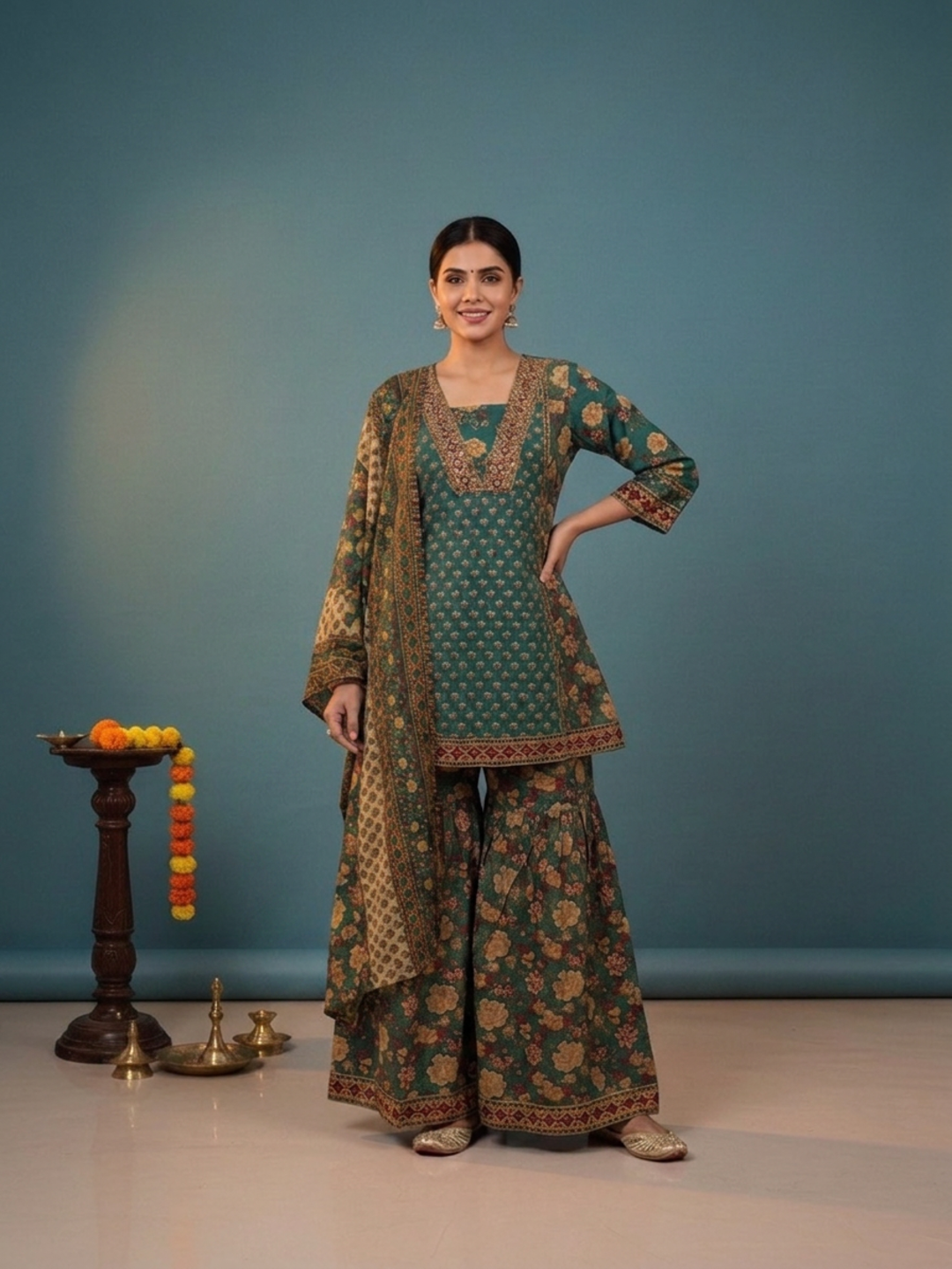 Green Ethnic Floral Print Cotton Short A-Line Kurta Set with Threadwork Embroidery, Sharara & Printed Dupatta