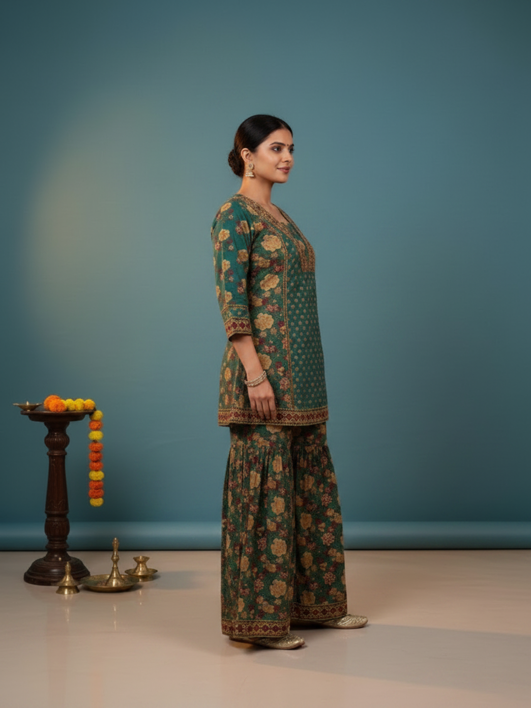 Green Ethnic Floral Print Cotton Short A-Line Kurta Set with Threadwork Embroidery, Sharara & Printed Dupatta