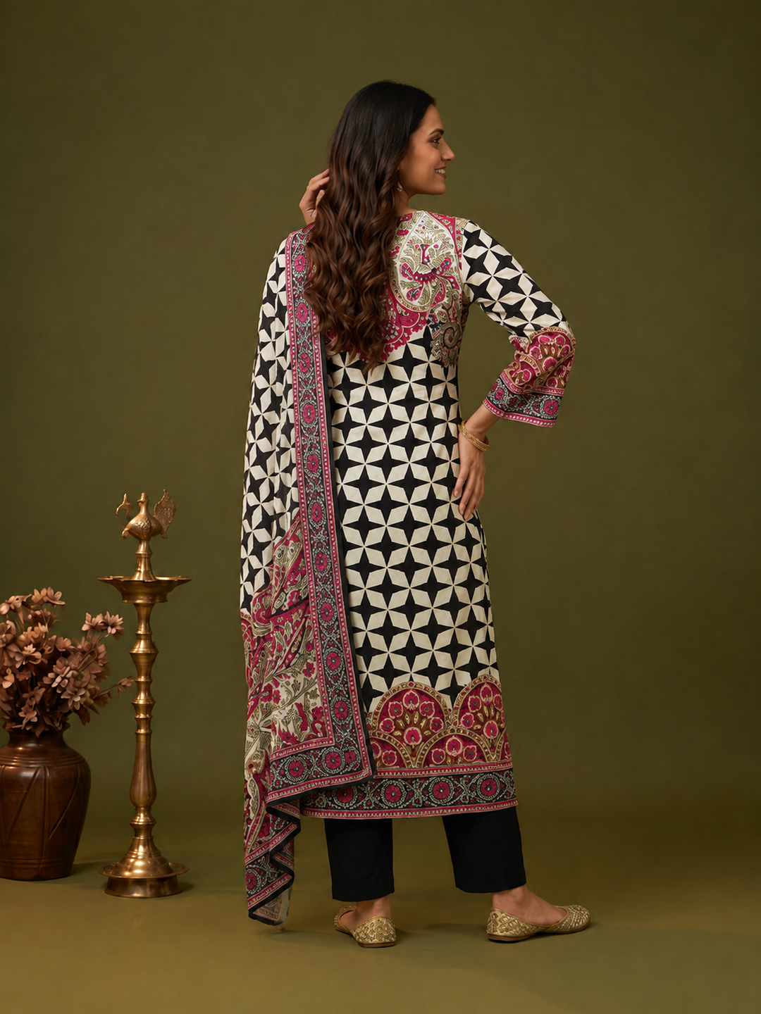 Black & White Geometric Floral Print Crepe Straight Kurta Set with V-Neck, Flared Sleeves, Palazzo & Printed Dupatta