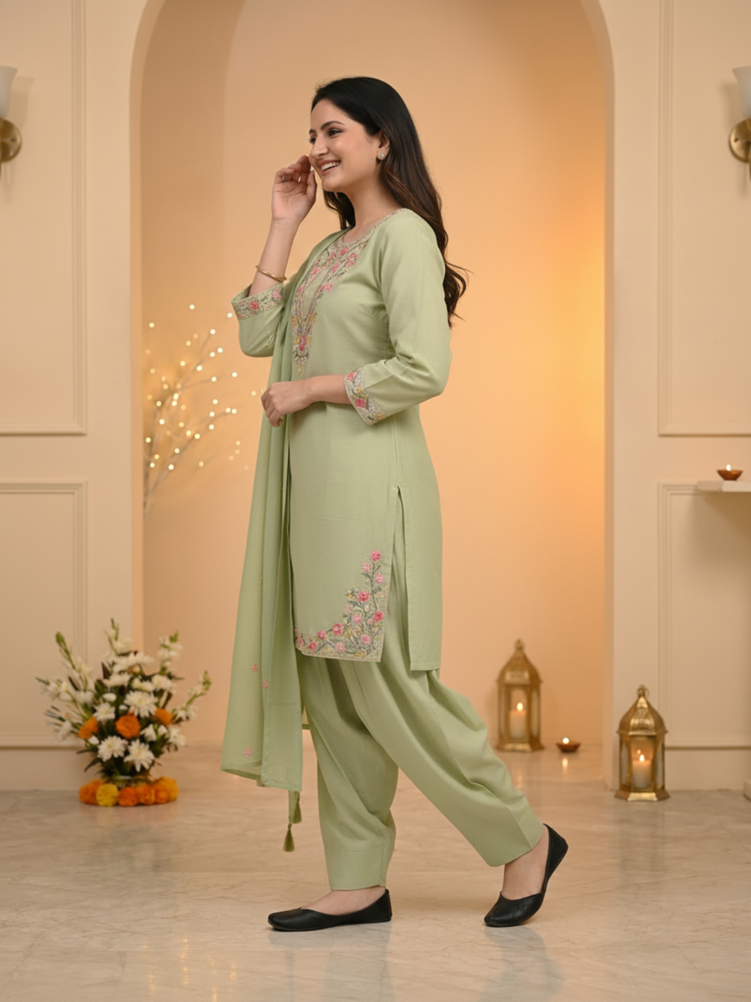 Sage Green Solid Chanderi Silk Straight Kurta Set with Floral Threadwork Embroidery, Salwar & Dupatta